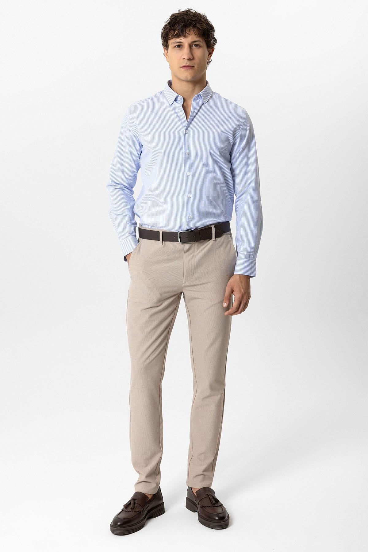 Mavi Slim Fit Pamuklu Çizgili Gömlek