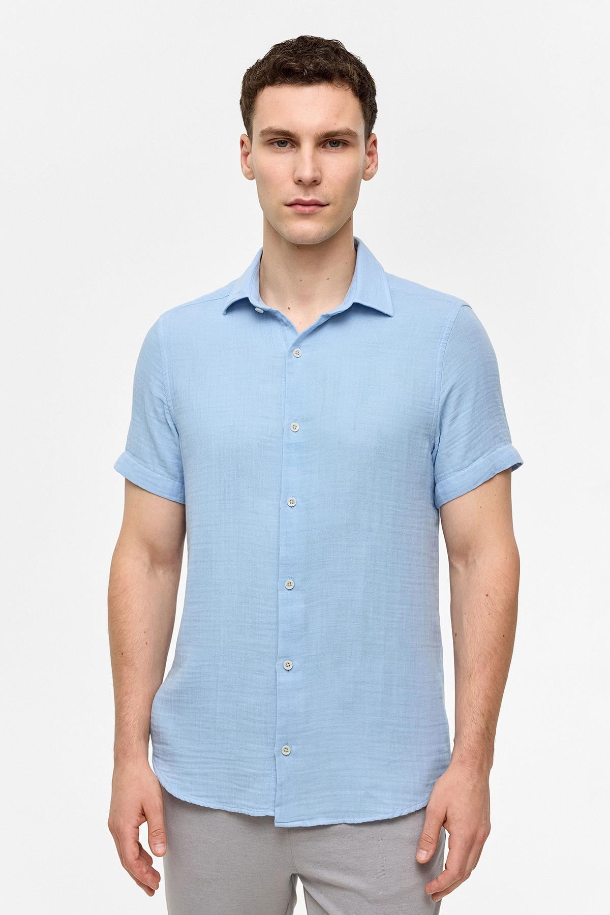 Mavi Regular Fit Kısa Kollu Düz Gömlek