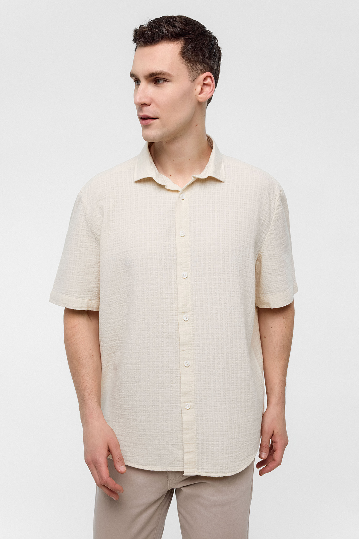 Bej Regular Fit %100 Pamuk Kısa Kollu Gömlek