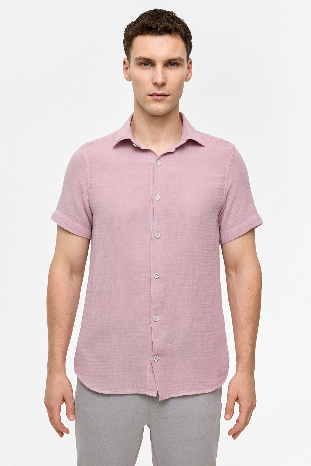 Pembe Regular Fit Kısa Kollu Düz Gömlek