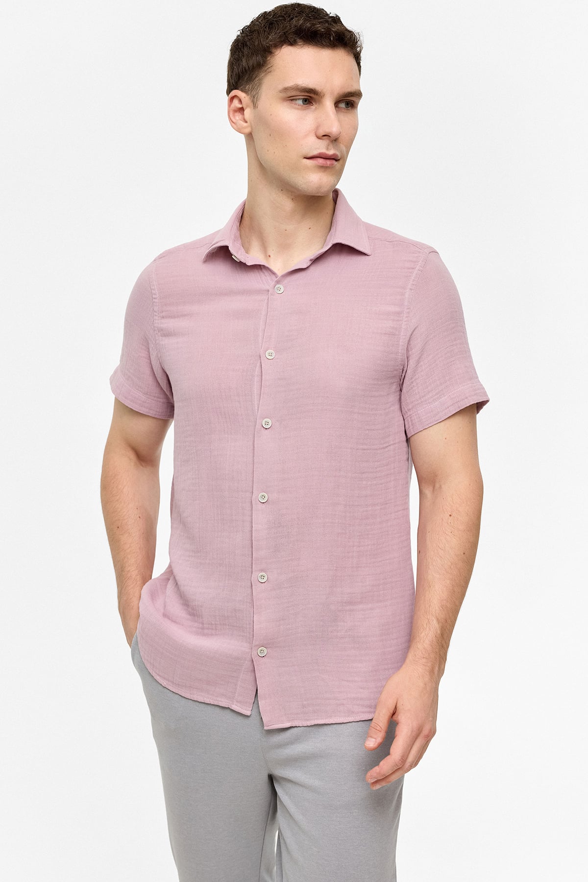 Pembe Regular Fit Kısa Kollu Düz Gömlek