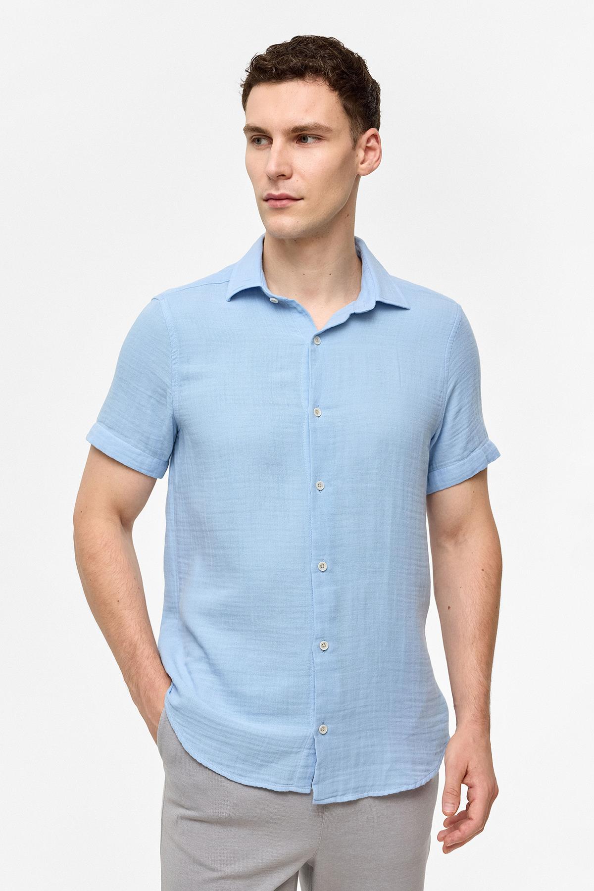 Mavi Regular Fit Kısa Kollu Düz Gömlek