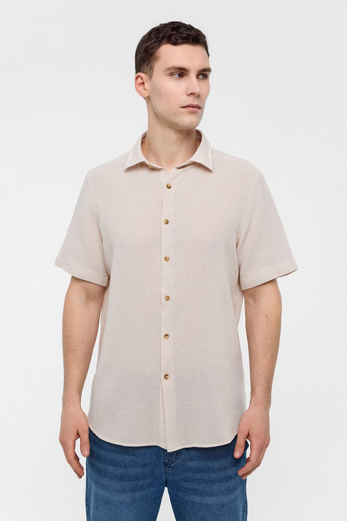 Bej Regular Fit Kısa Kollu Düz Gömlek