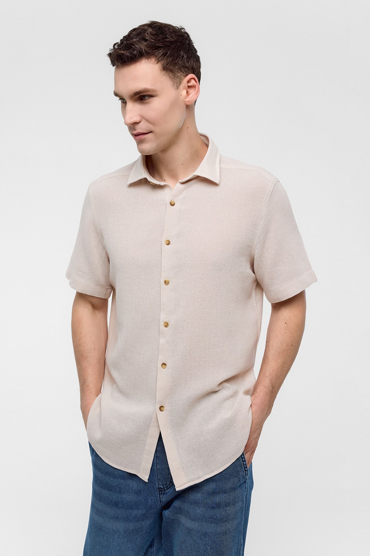 Bej Regular Fit Kısa Kollu Düz Gömlek