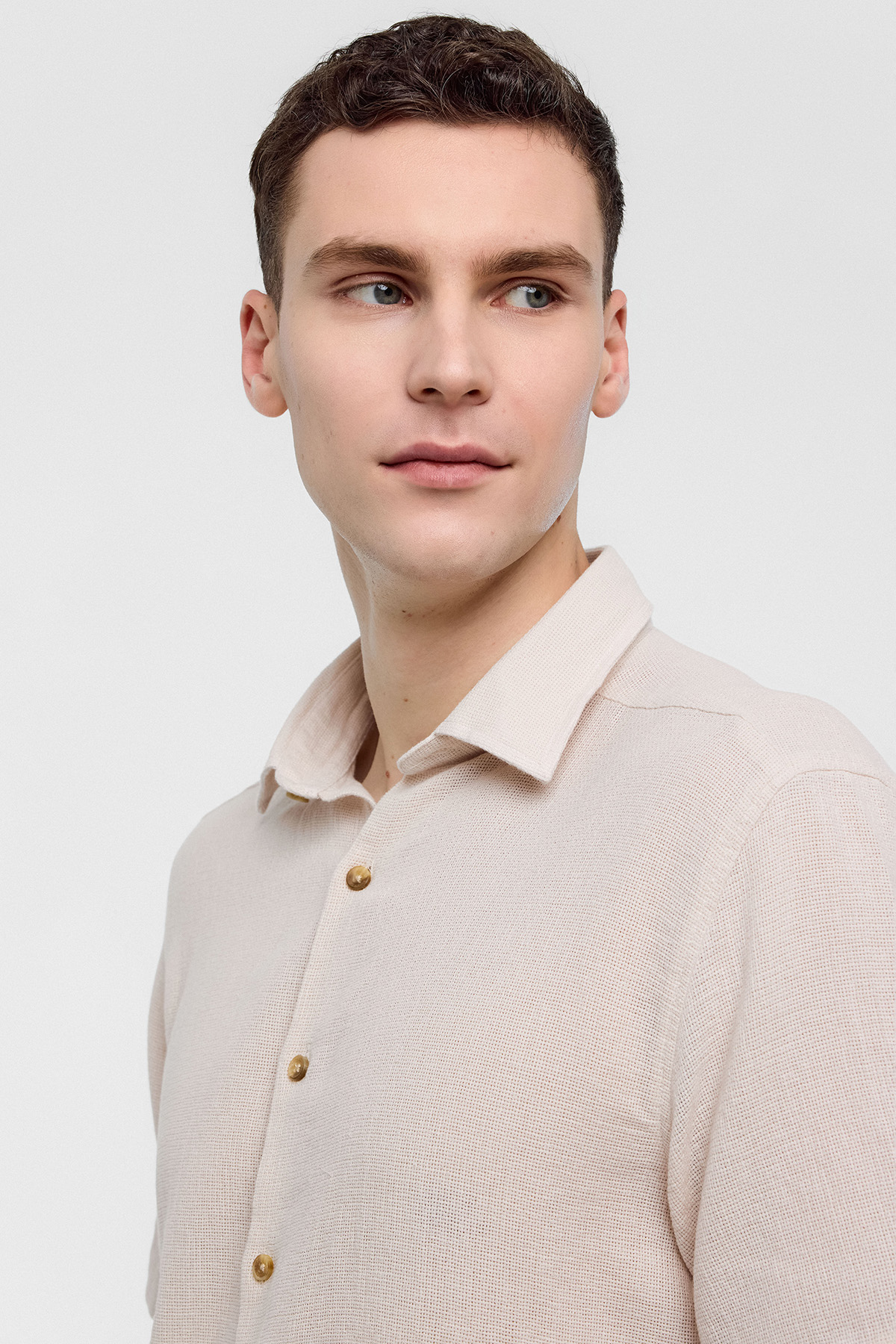 Bej Regular Fit Kısa Kollu Düz Gömlek