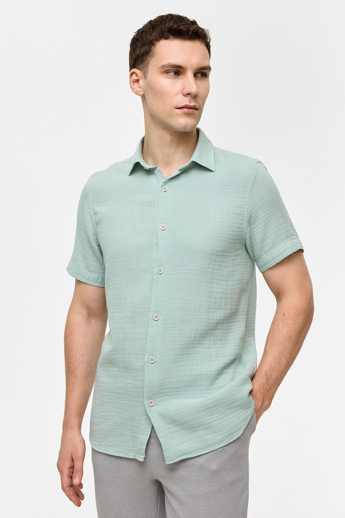 Yeşil Regular Fit Kısa Kollu Düz Gömlek