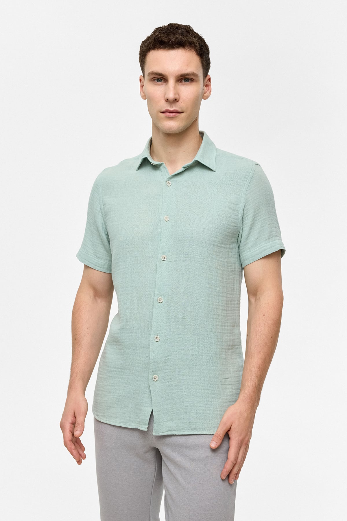Yeşil Regular Fit Kısa Kollu Düz Gömlek