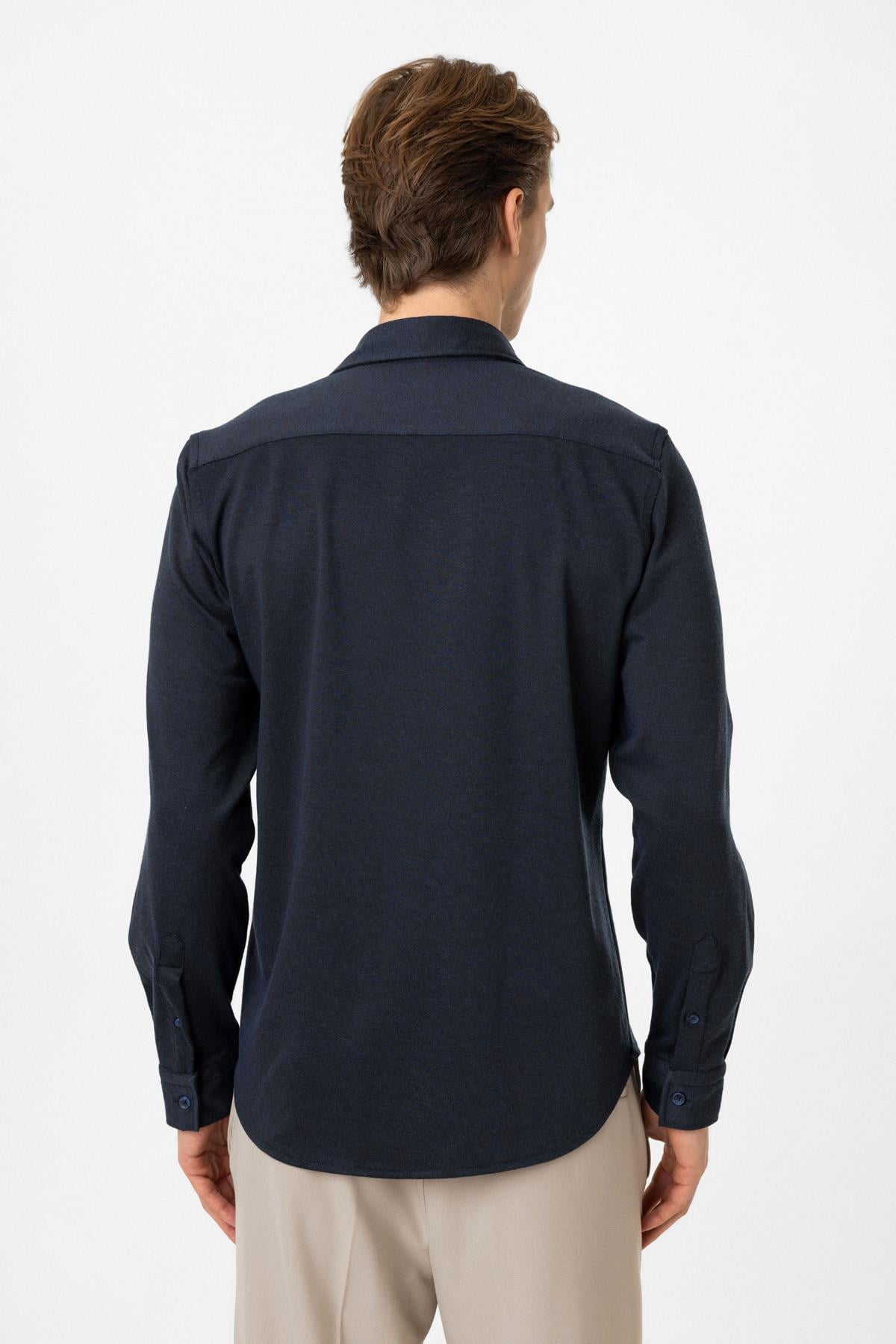 Koyu İndigo Regular Fit Örme Gömlek