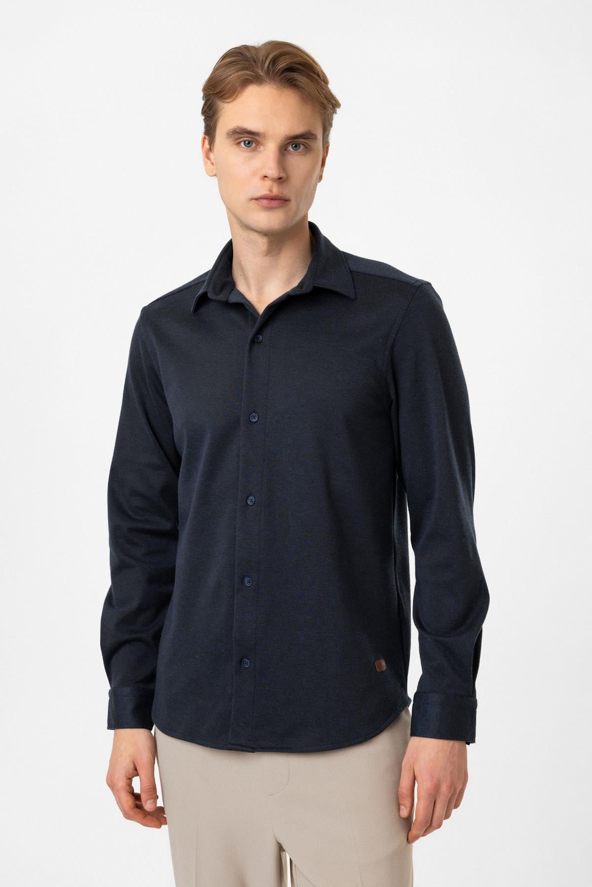 Koyu İndigo Regular Fit Örme Gömlek