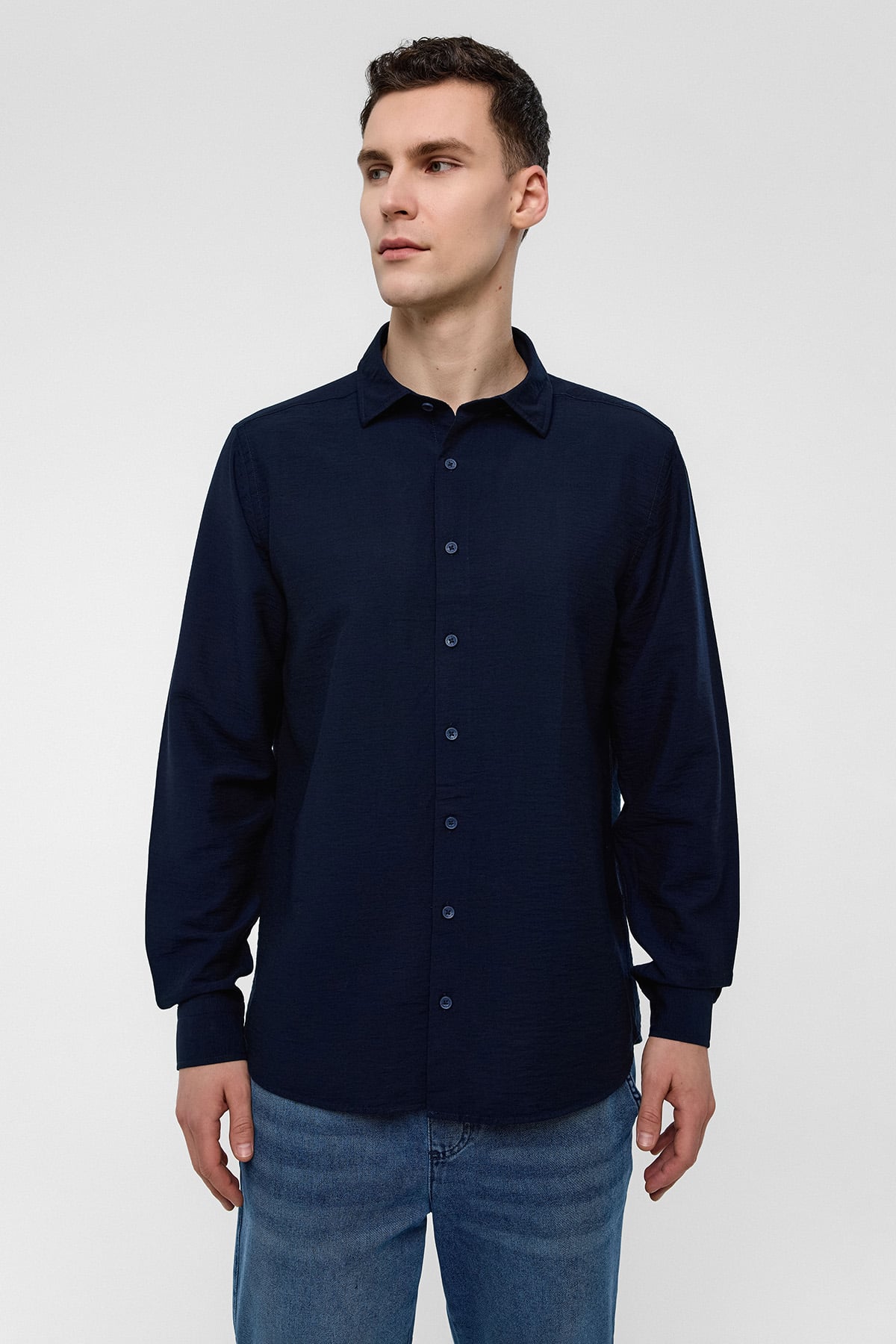 Lacivert Regular Fit Uzun Kollu Düz Gömlek