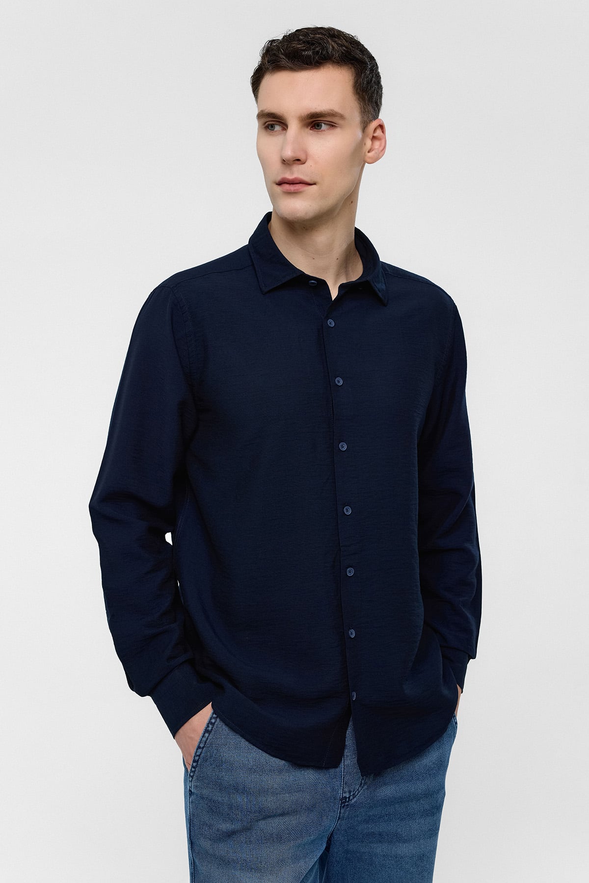 Lacivert Regular Fit Uzun Kollu Düz Gömlek