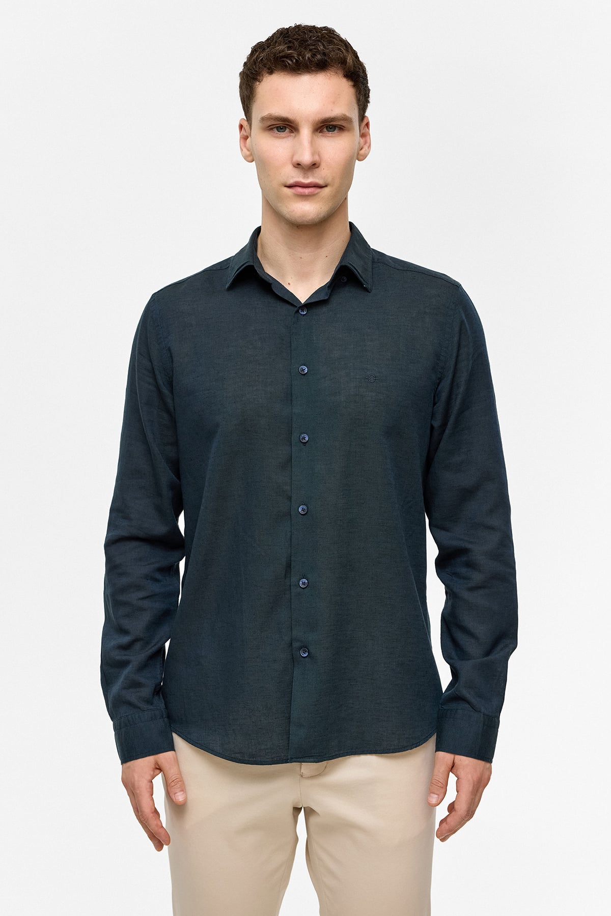 Lacivert Uzun Kollu Dokuma Gömlek