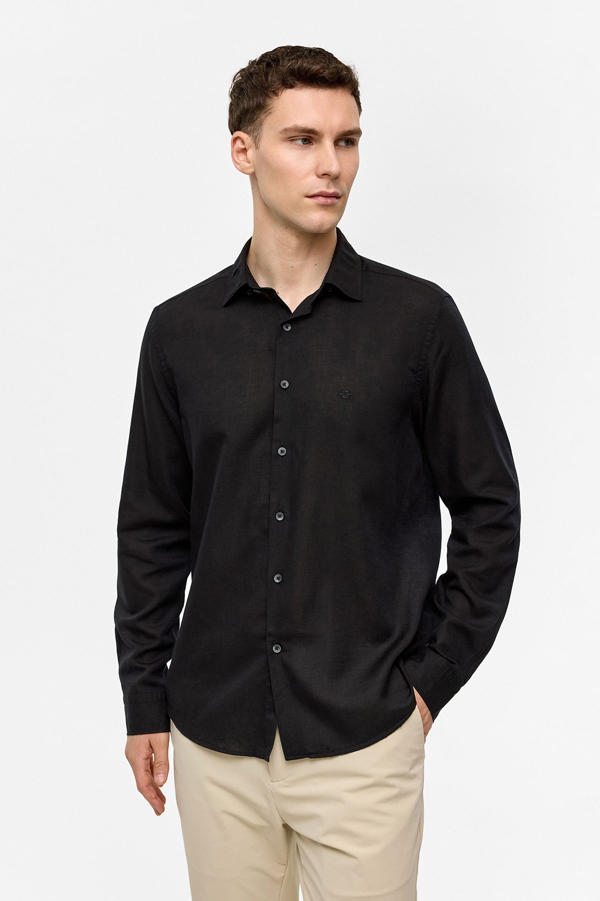 Siyah Uzun Kollu Dokuma Gömlek