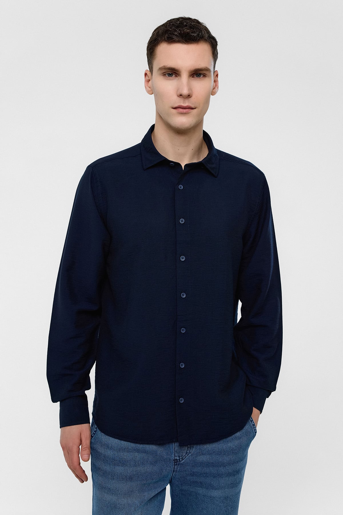 Lacivert Regular Fit Uzun Kollu Düz Gömlek