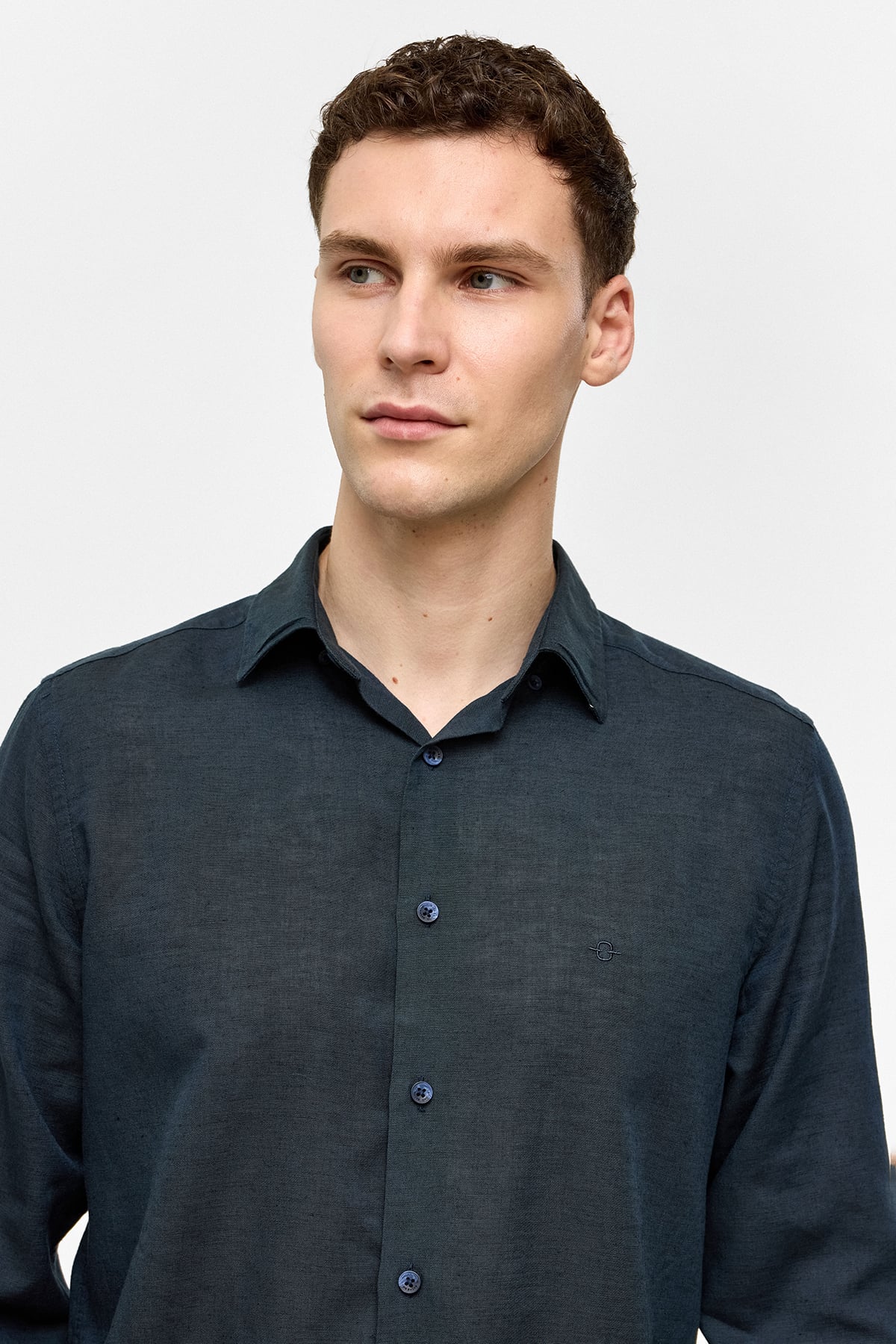 Lacivert Uzun Kollu Dokuma Gömlek