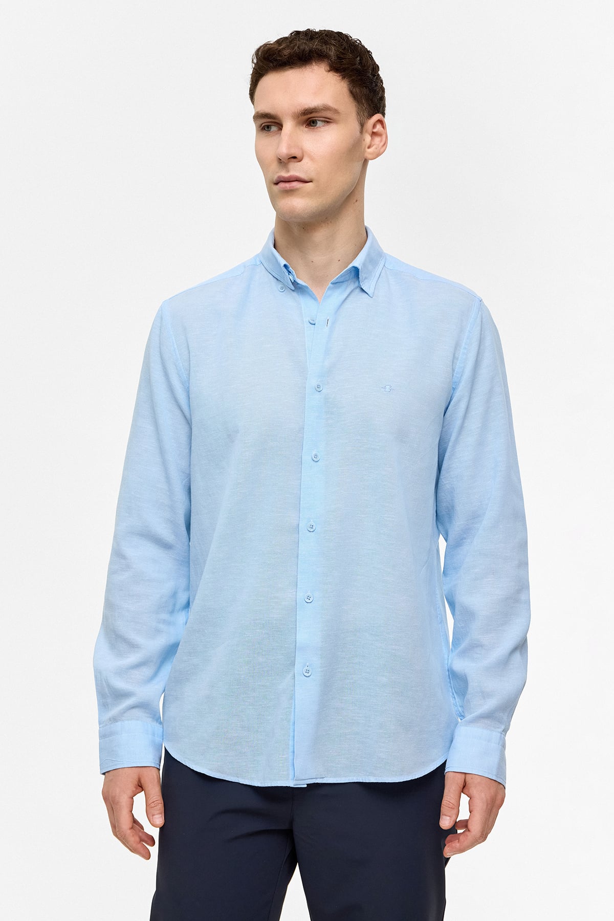 Mavi Uzun Kollu Dokuma Gömlek