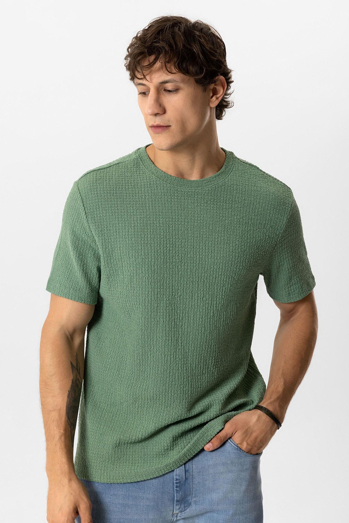 Adaçayı Regular Fit Yünlü Bisiklet Yaka Örme Tişört