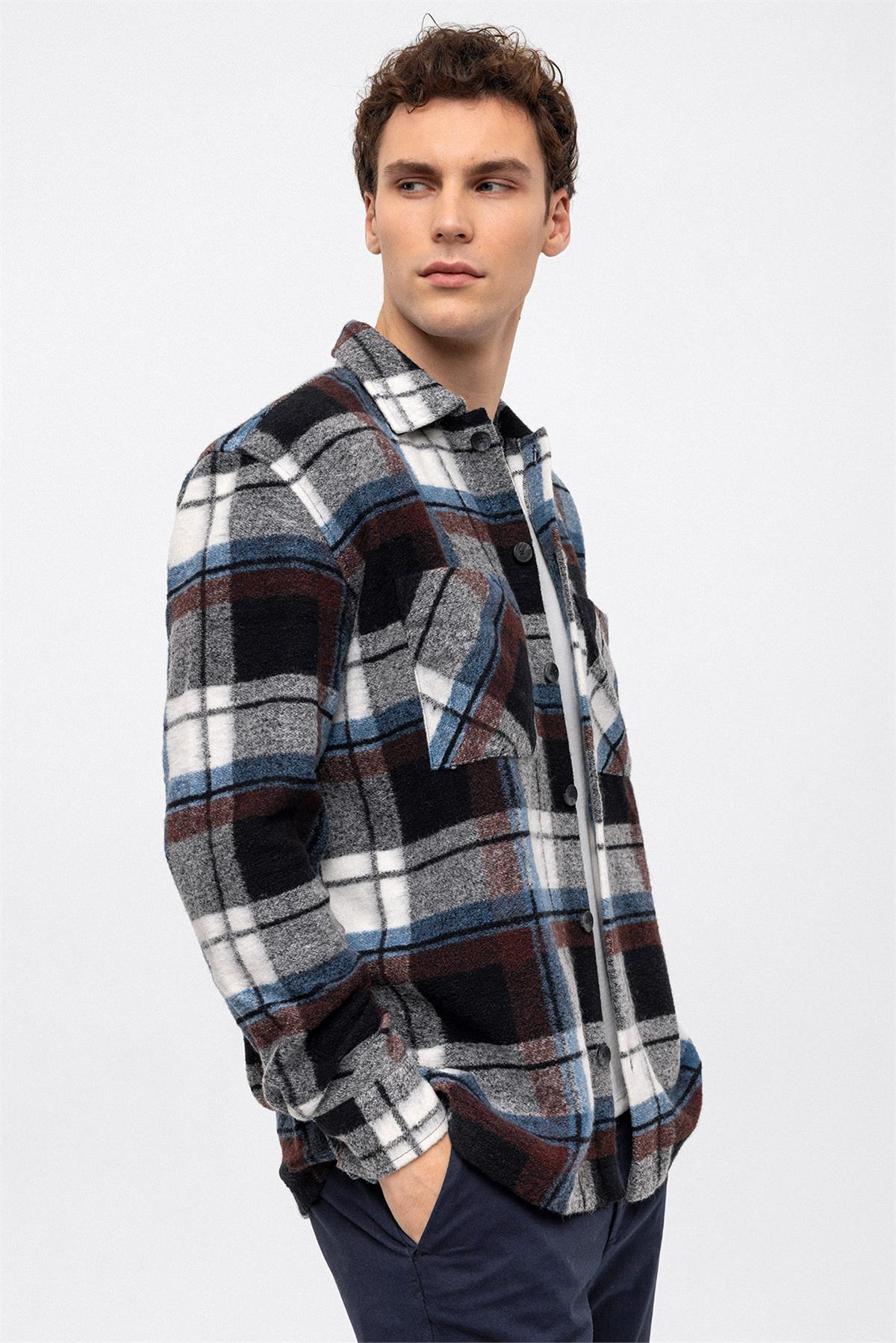 Siyah Oversize Fit Yünlü Oduncu Gömlek
