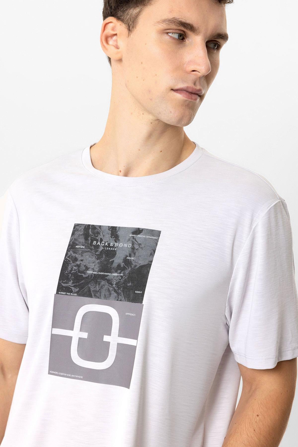 Açık Gri Regular Fit Bisiklet Yaka Baskılı Tişört
