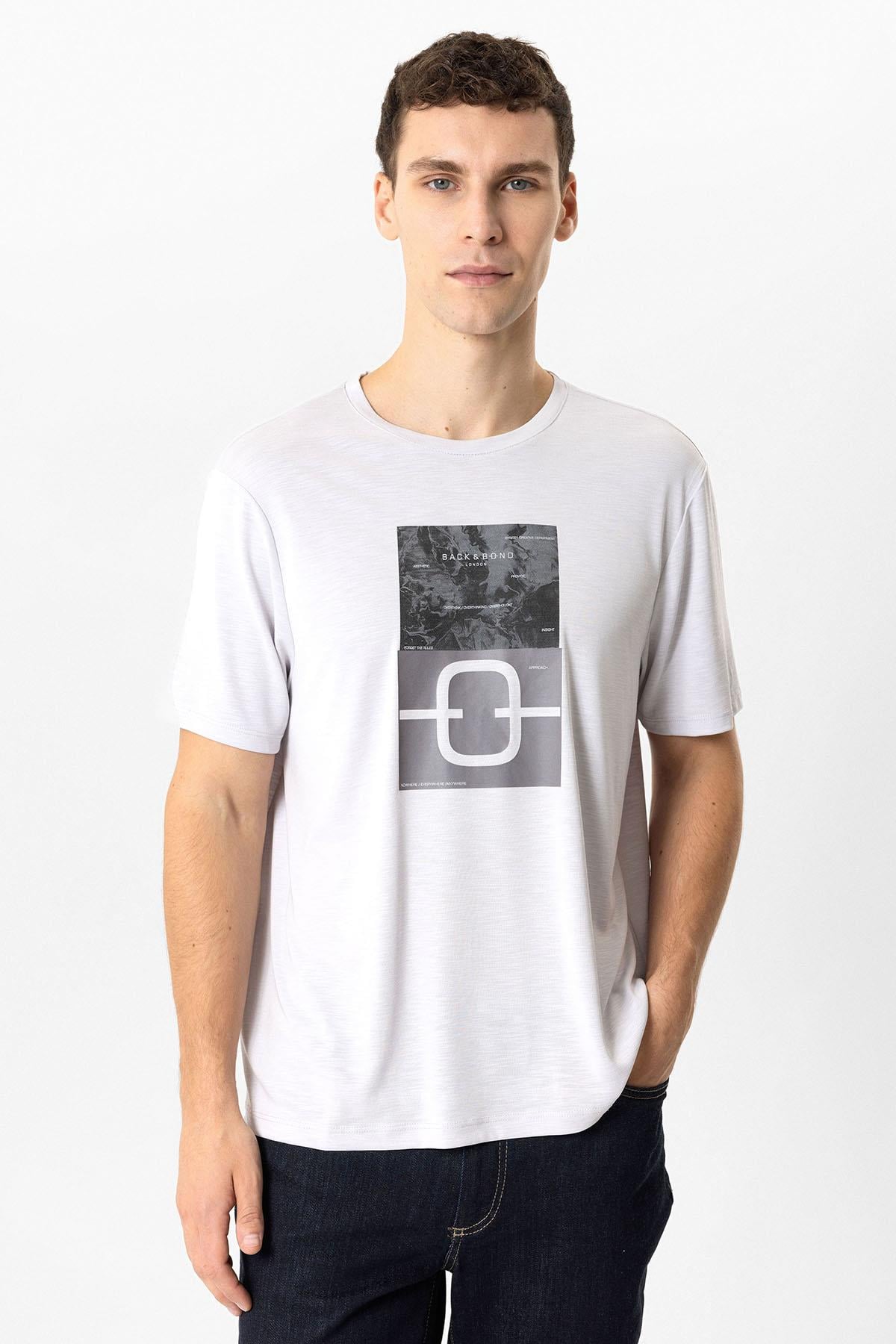 Açık Gri Regular Fit Bisiklet Yaka Baskılı Tişört