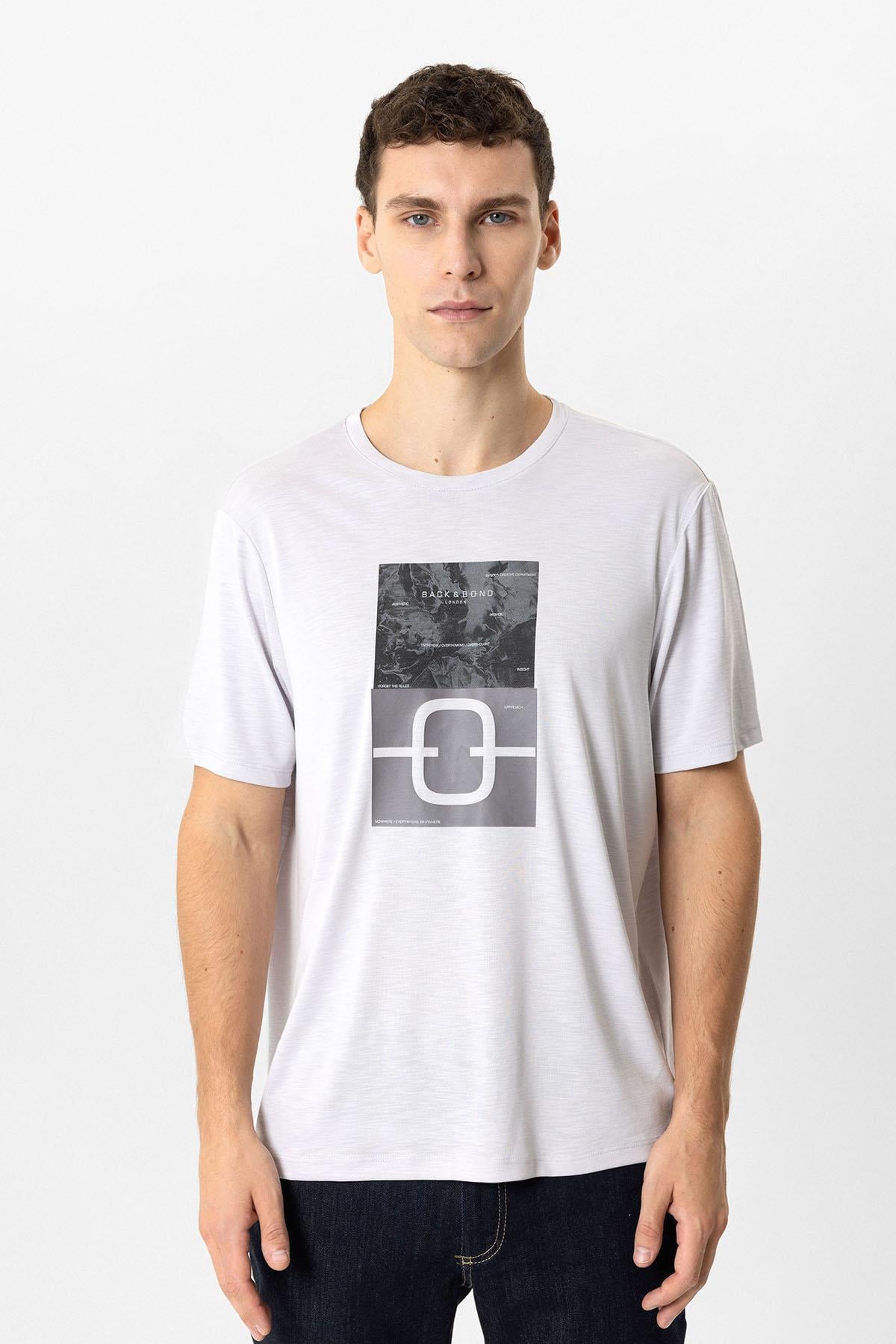 Açık Gri Regular Fit Bisiklet Yaka Baskılı Tişört
