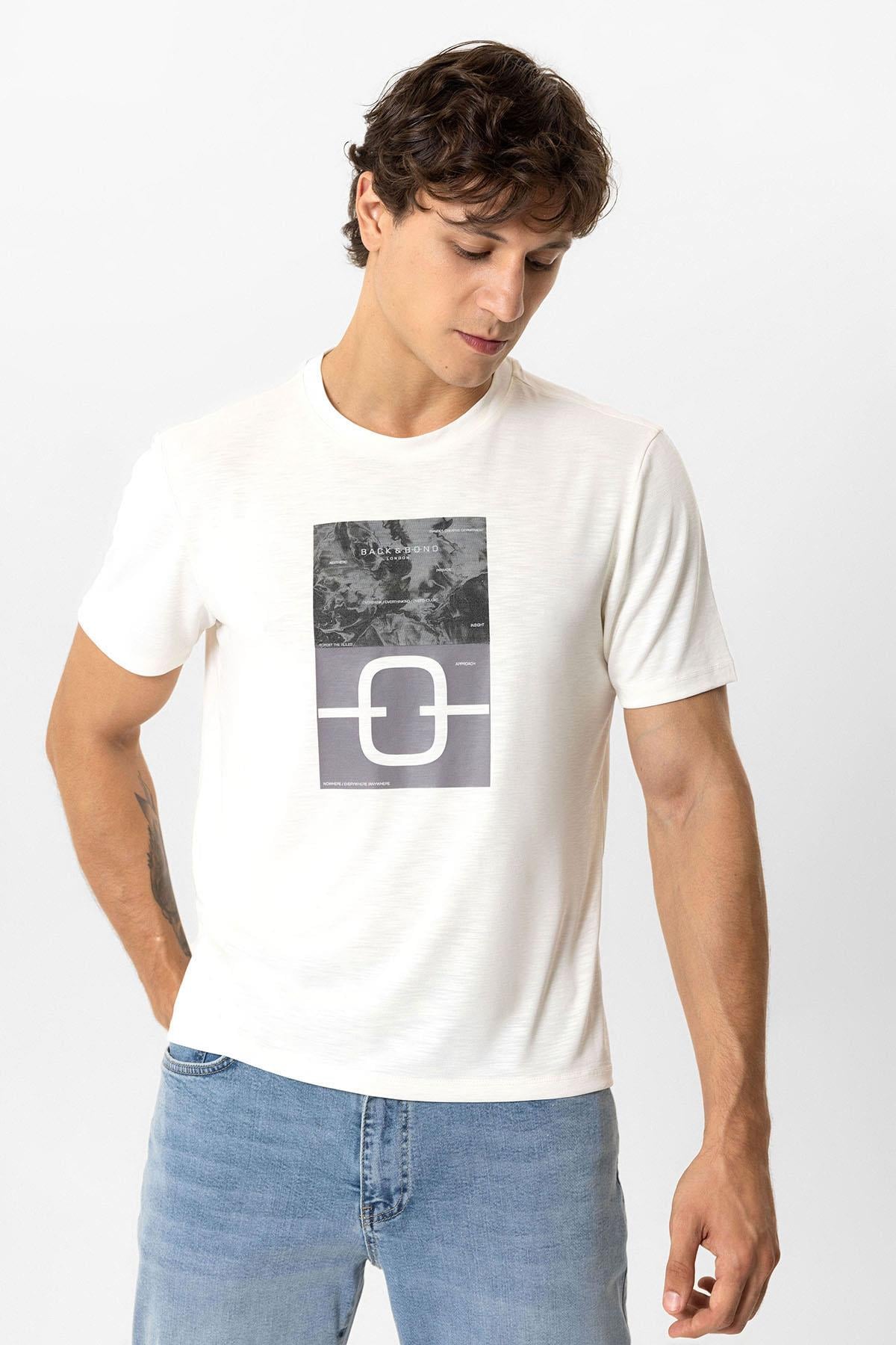 Beyaz Regular Fit Bisiklet Yaka Baskılı Tişört