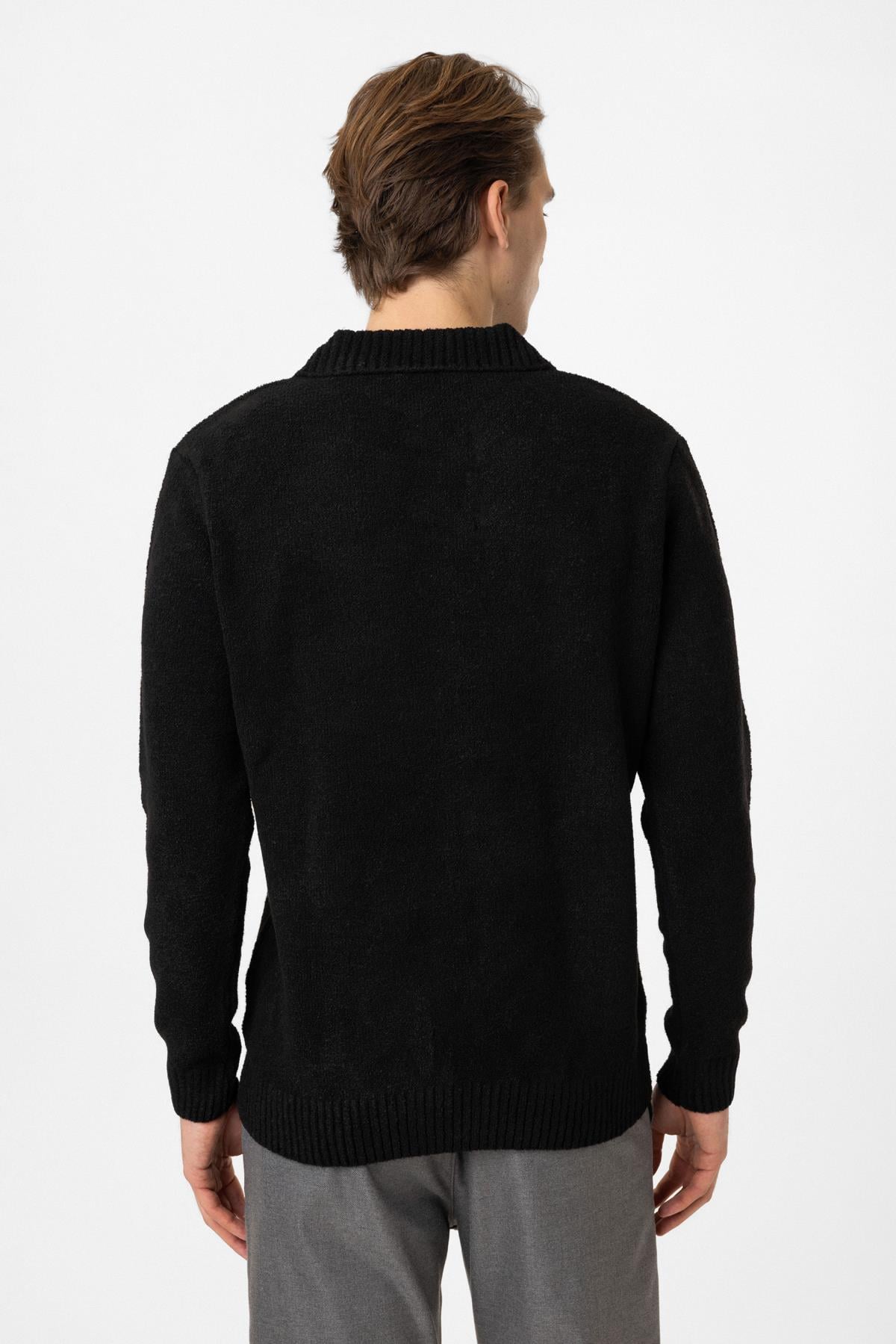 Siyah Regular Fit Çizgili Polo Yaka Triko Kazak