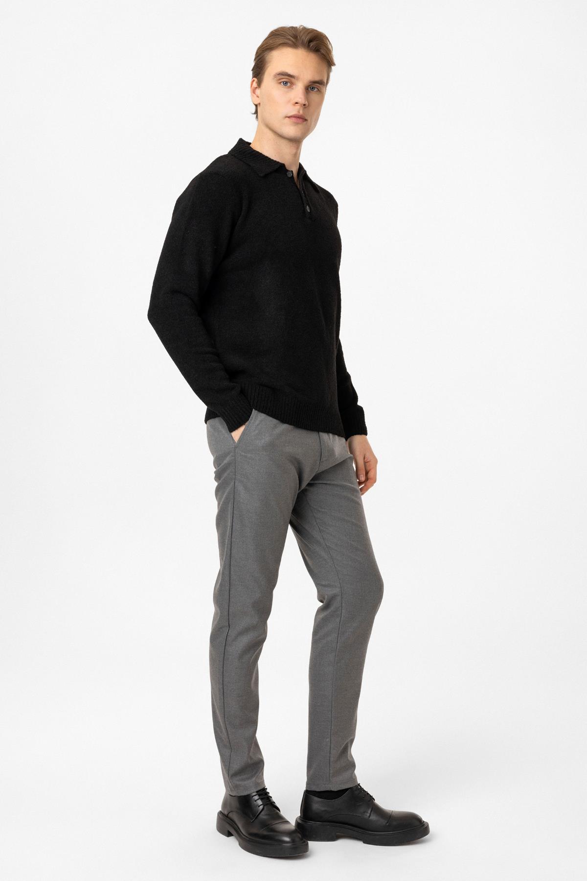 Siyah Regular Fit Çizgili Polo Yaka Triko Kazak