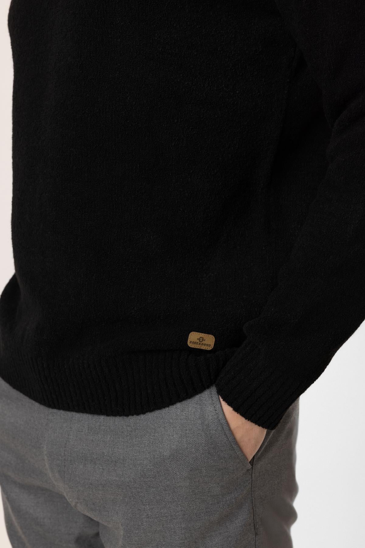 Siyah Regular Fit Çizgili Polo Yaka Triko Kazak