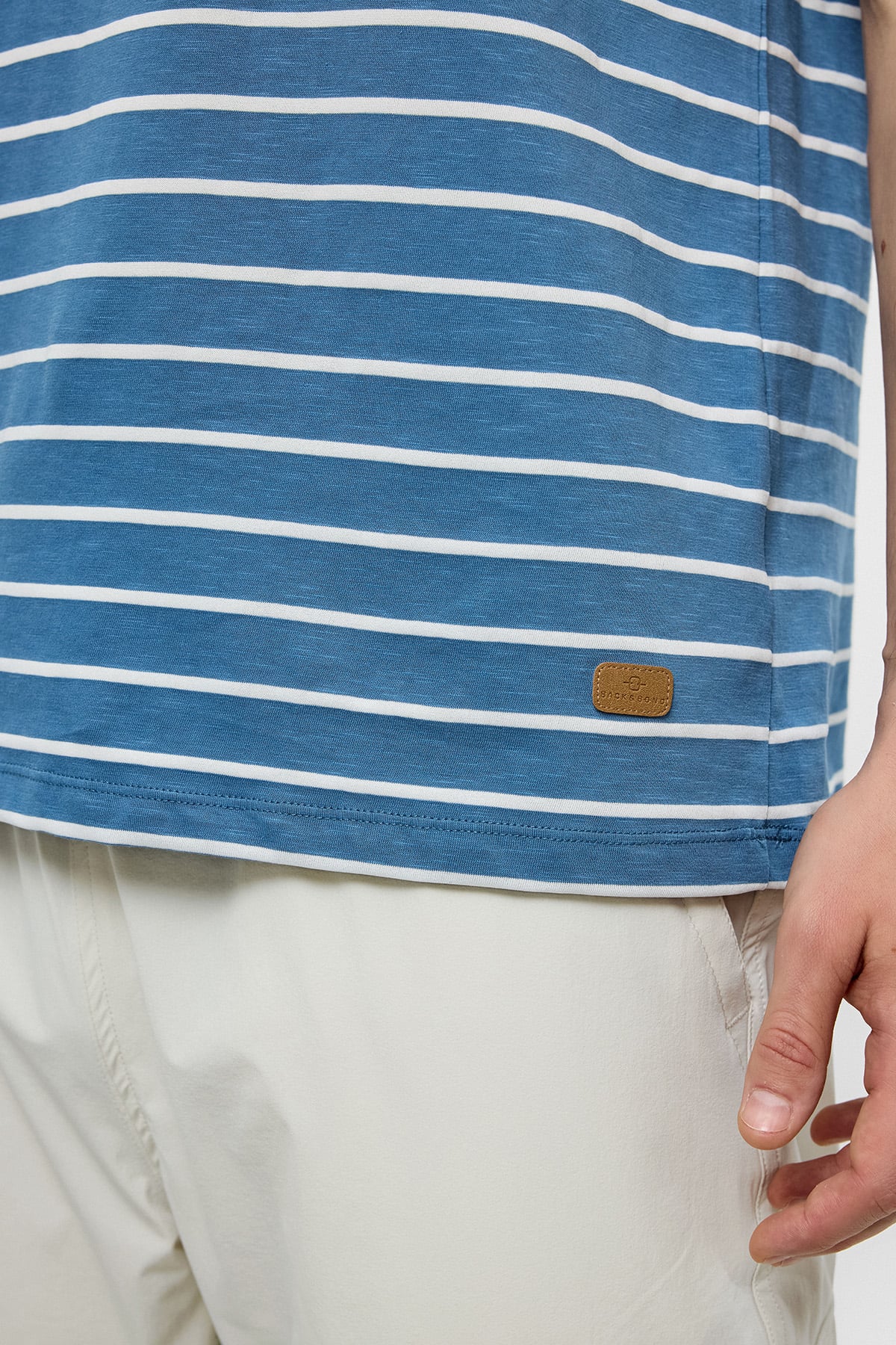 Mavi Regular Fit Bisiklet Yaka Çizgili Örme Tişört