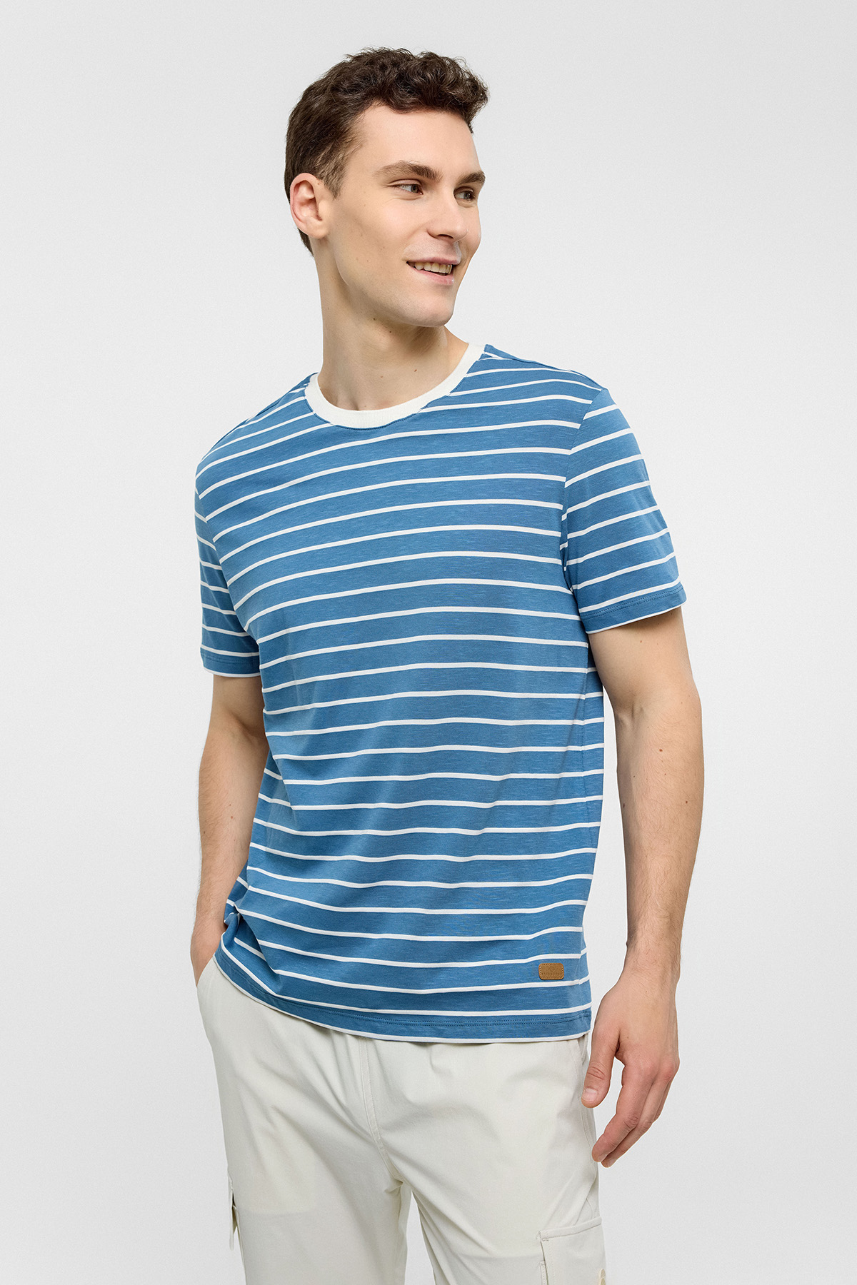 Mavi Regular Fit Bisiklet Yaka Çizgili Örme Tişört