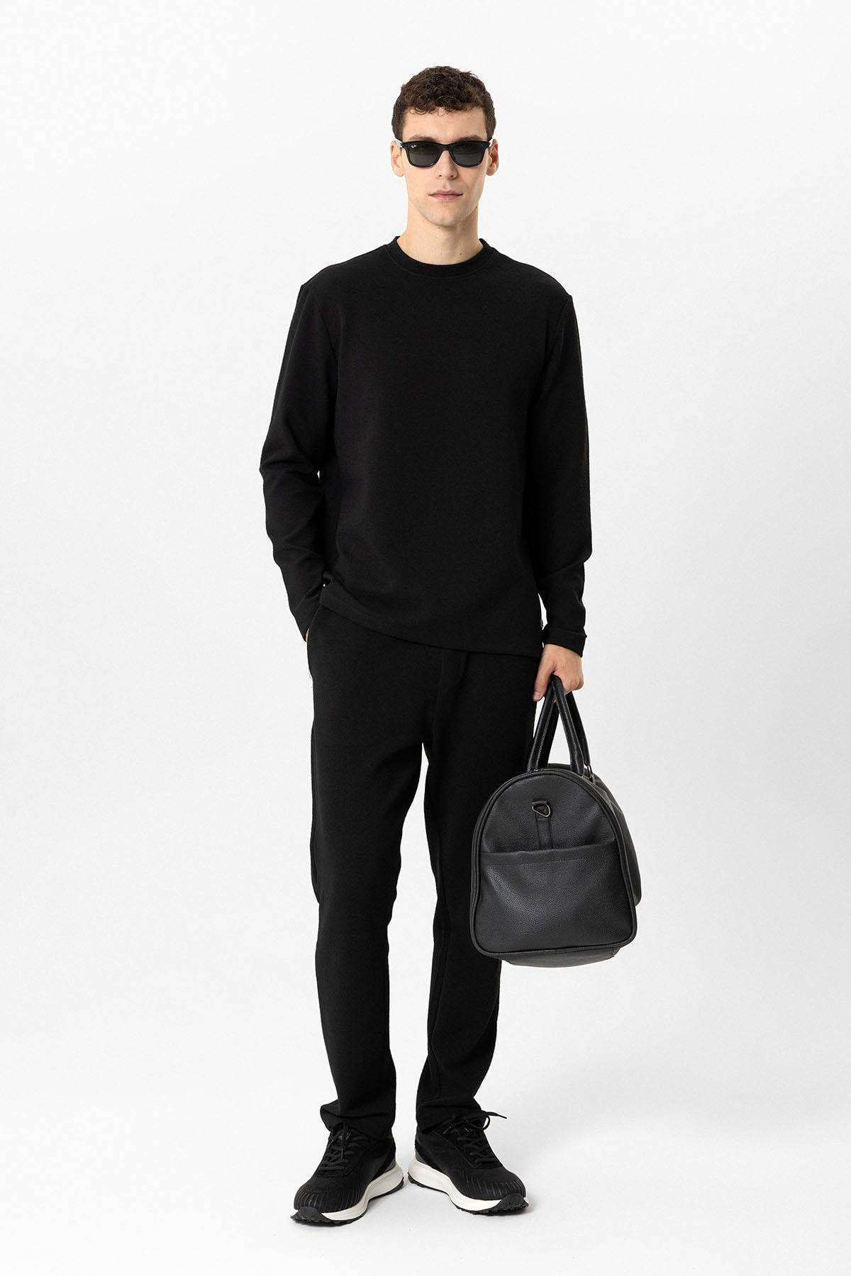 Siyah Regular Fit Baskılı Bisiklet Yaka Sweatshirt