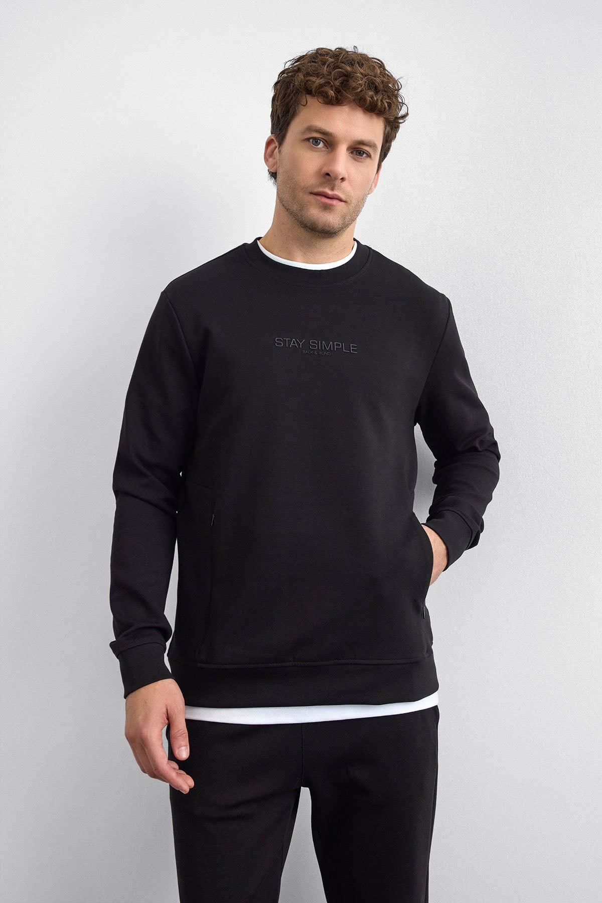 Siyah Bisiklet Yaka Fermuar Cepli Sweatshirt 