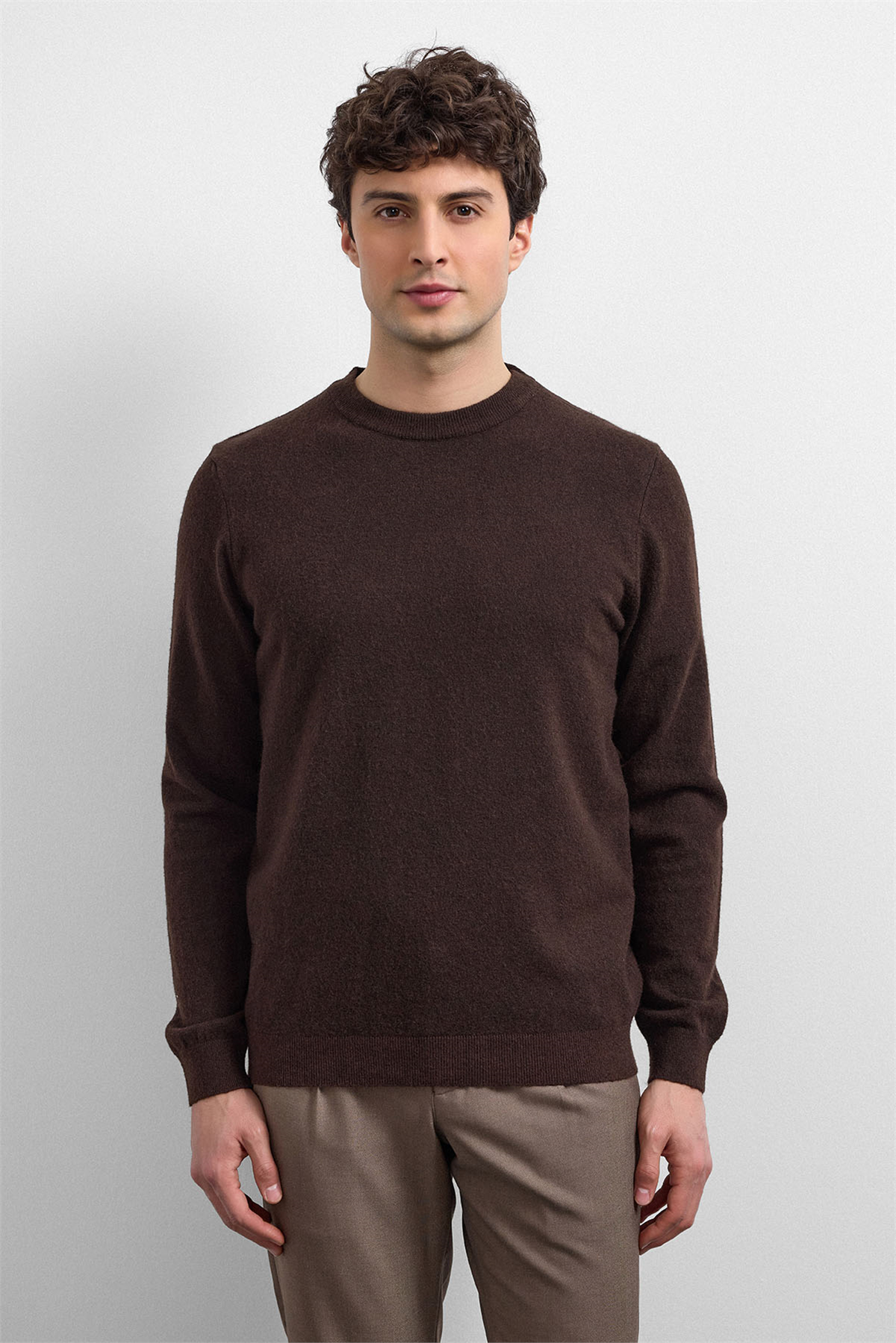 Kahve Regular Fit Bisiklet Yaka Triko Kazak