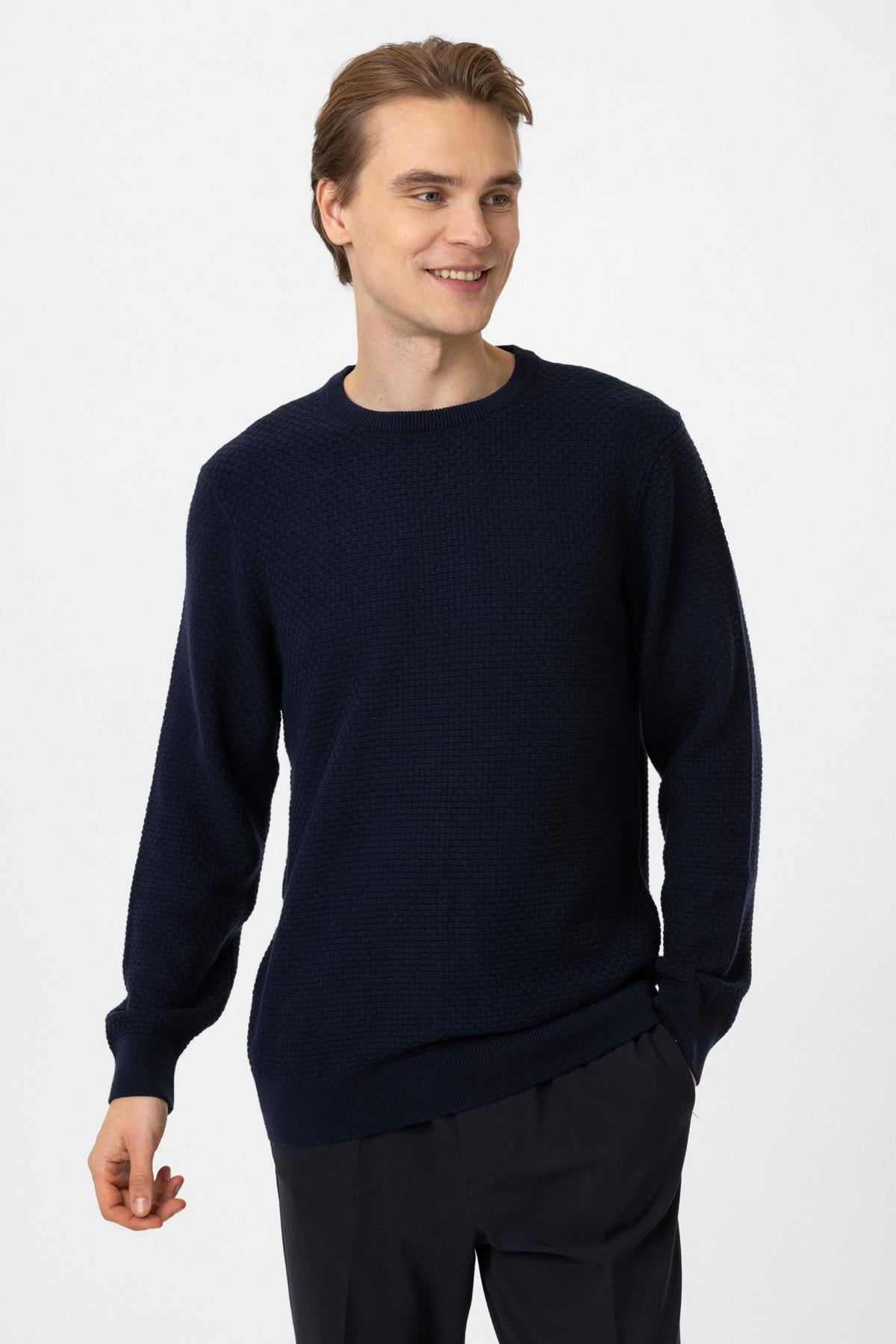 Lacivert Regular Fit Pamuklu Bisiklet Yaka Triko Kazak