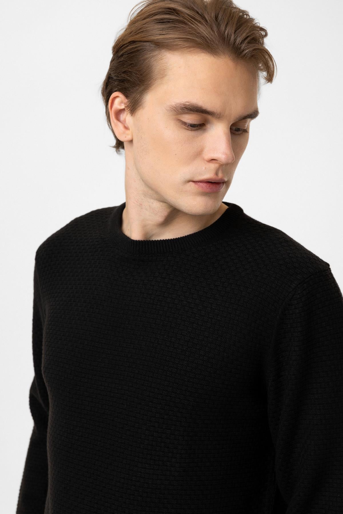 Siyah Regular Fit Pamuklu Bisiklet Yaka Triko Kazak