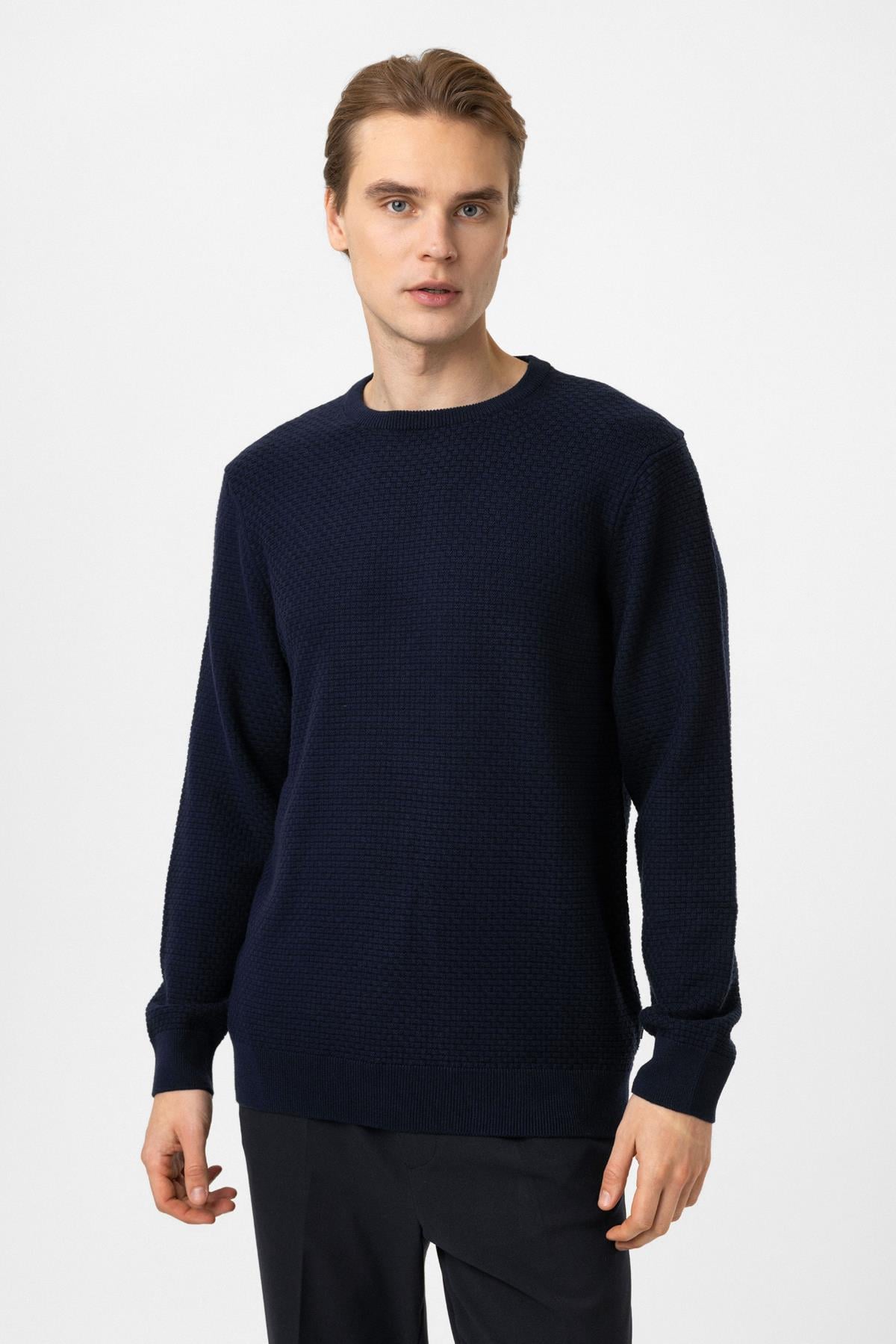 Lacivert Regular Fit Pamuklu Bisiklet Yaka Triko Kazak