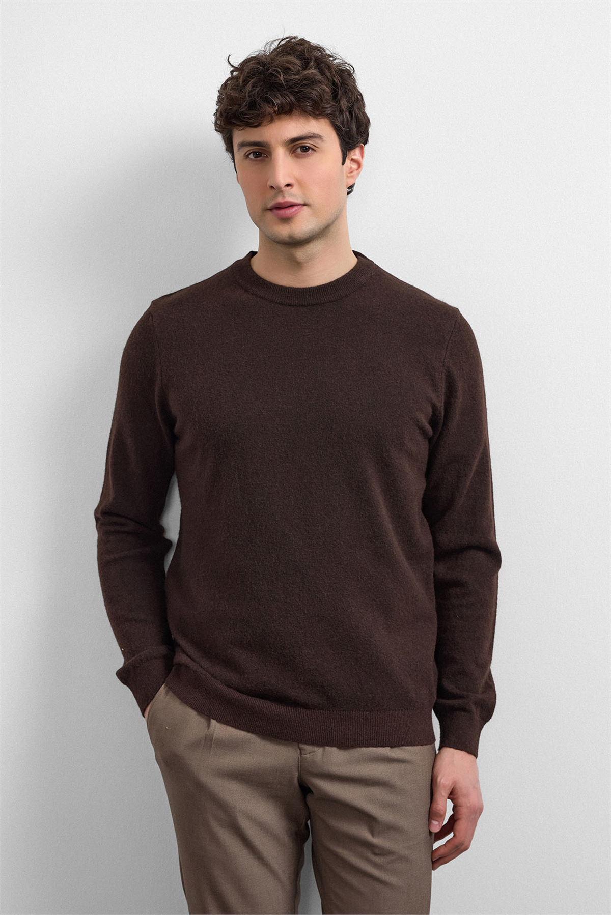 Kahve Regular Fit Bisiklet Yaka Triko Kazak