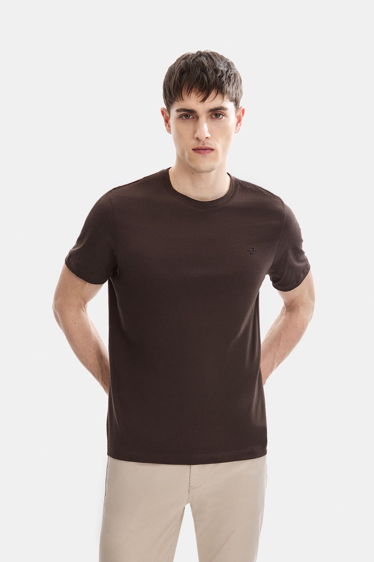 Kahve Regular Fit  Örme Bisiklet Yaka Tişört