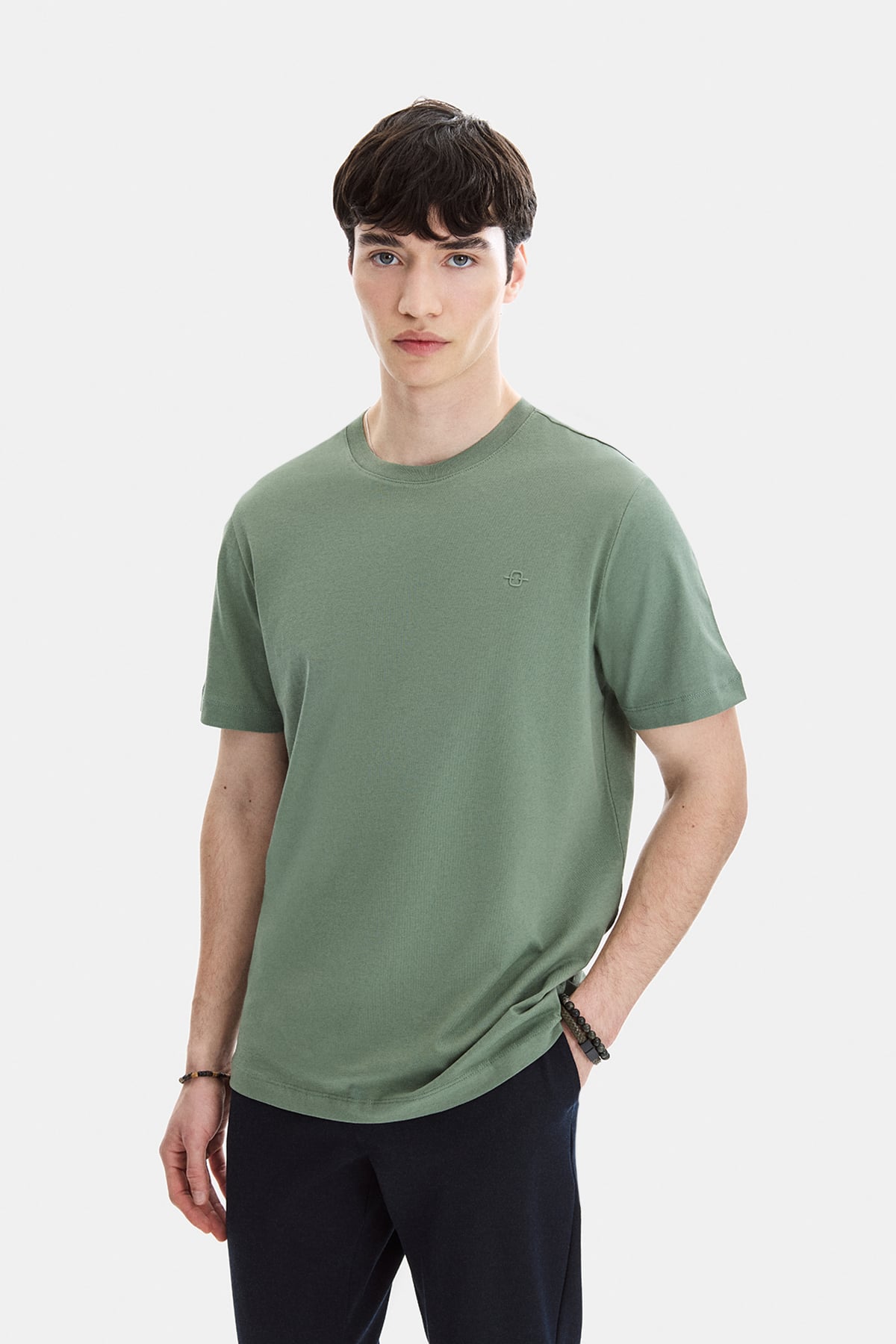 Adaçayı Regular Fit Örme Bisiklet Yaka Tişört