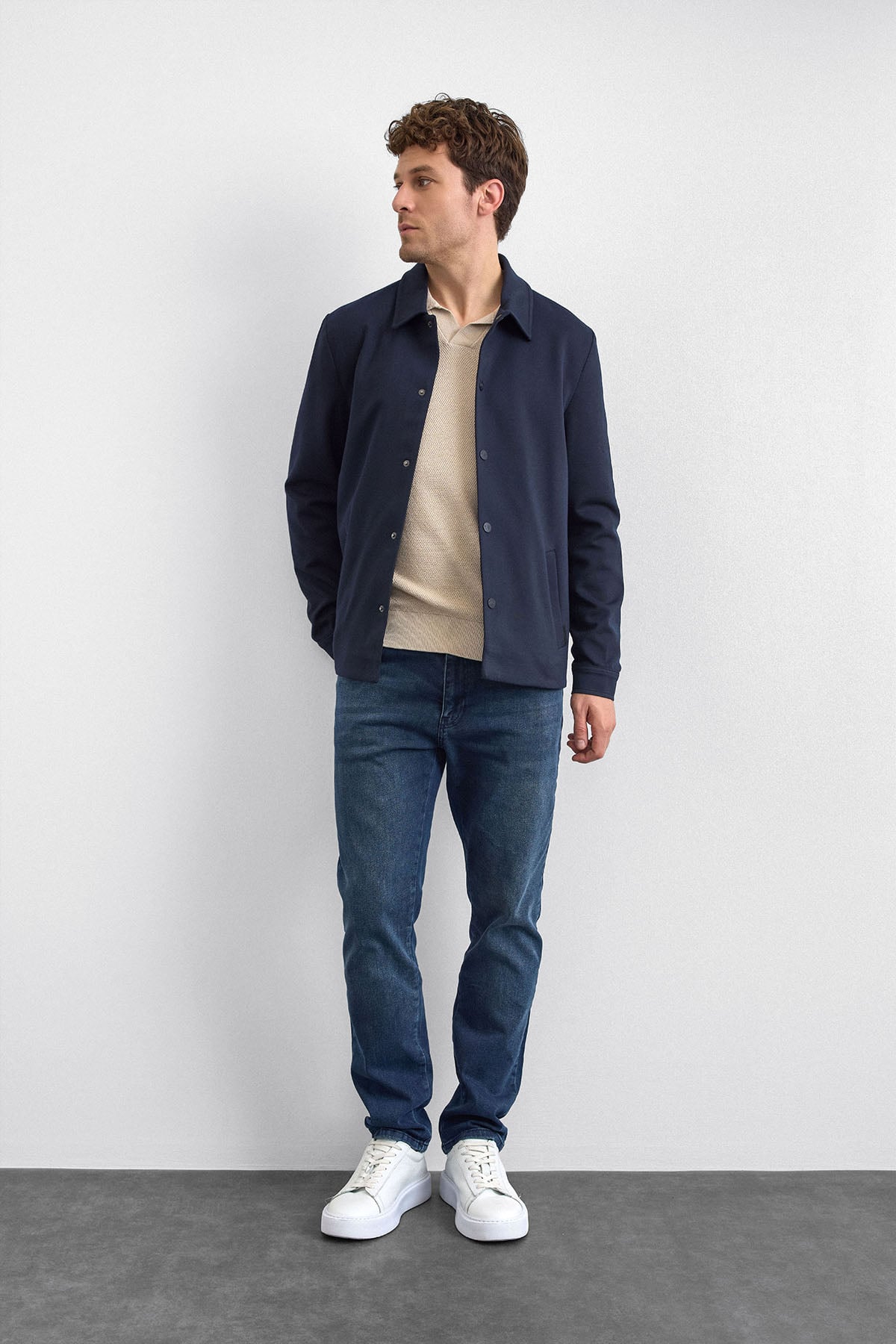 Lacivert Regular Fit Dıagonel Jakarlı Örme Mont Ceket