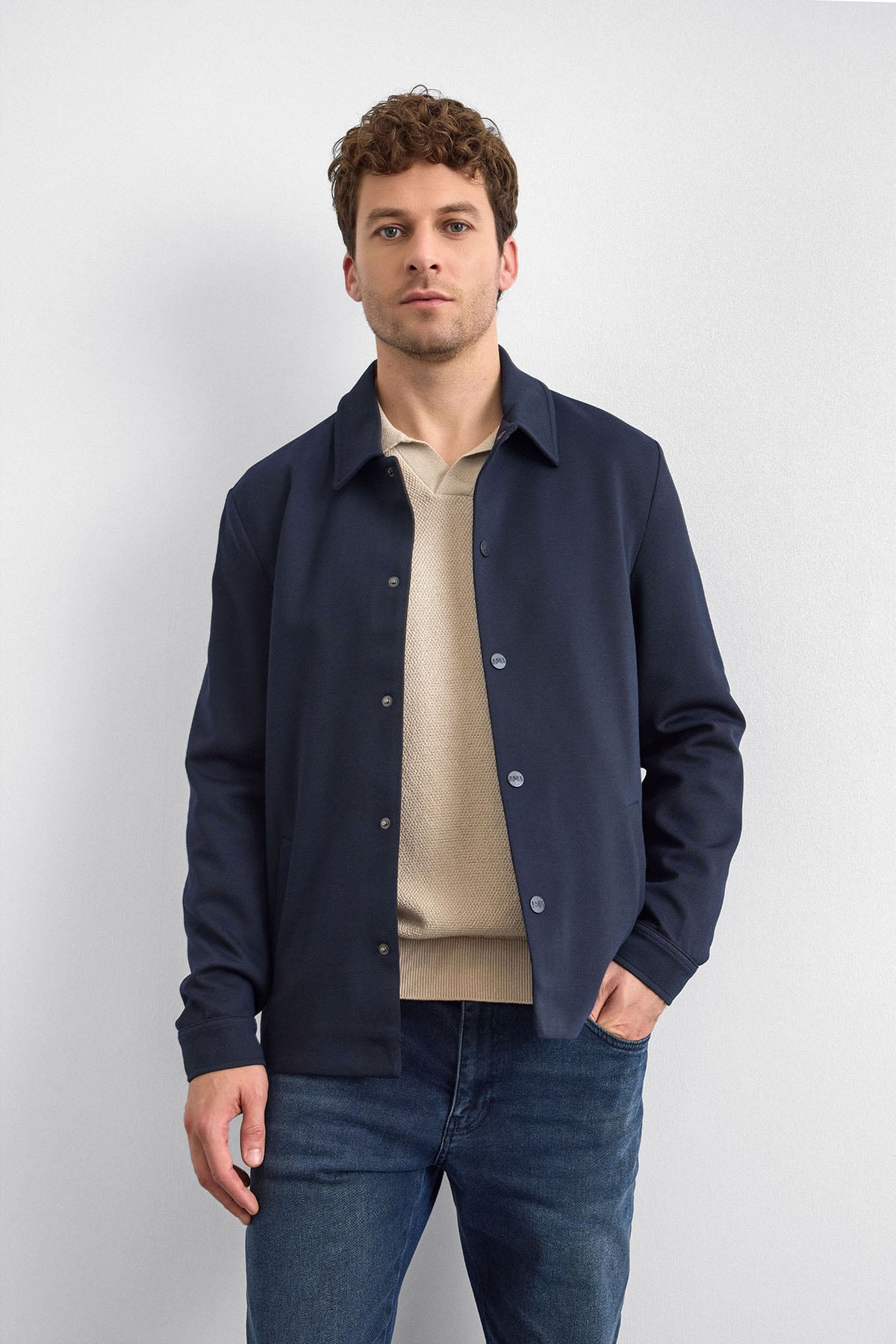 Lacivert Regular Fit Dıagonel Jakarlı Örme Mont Ceket