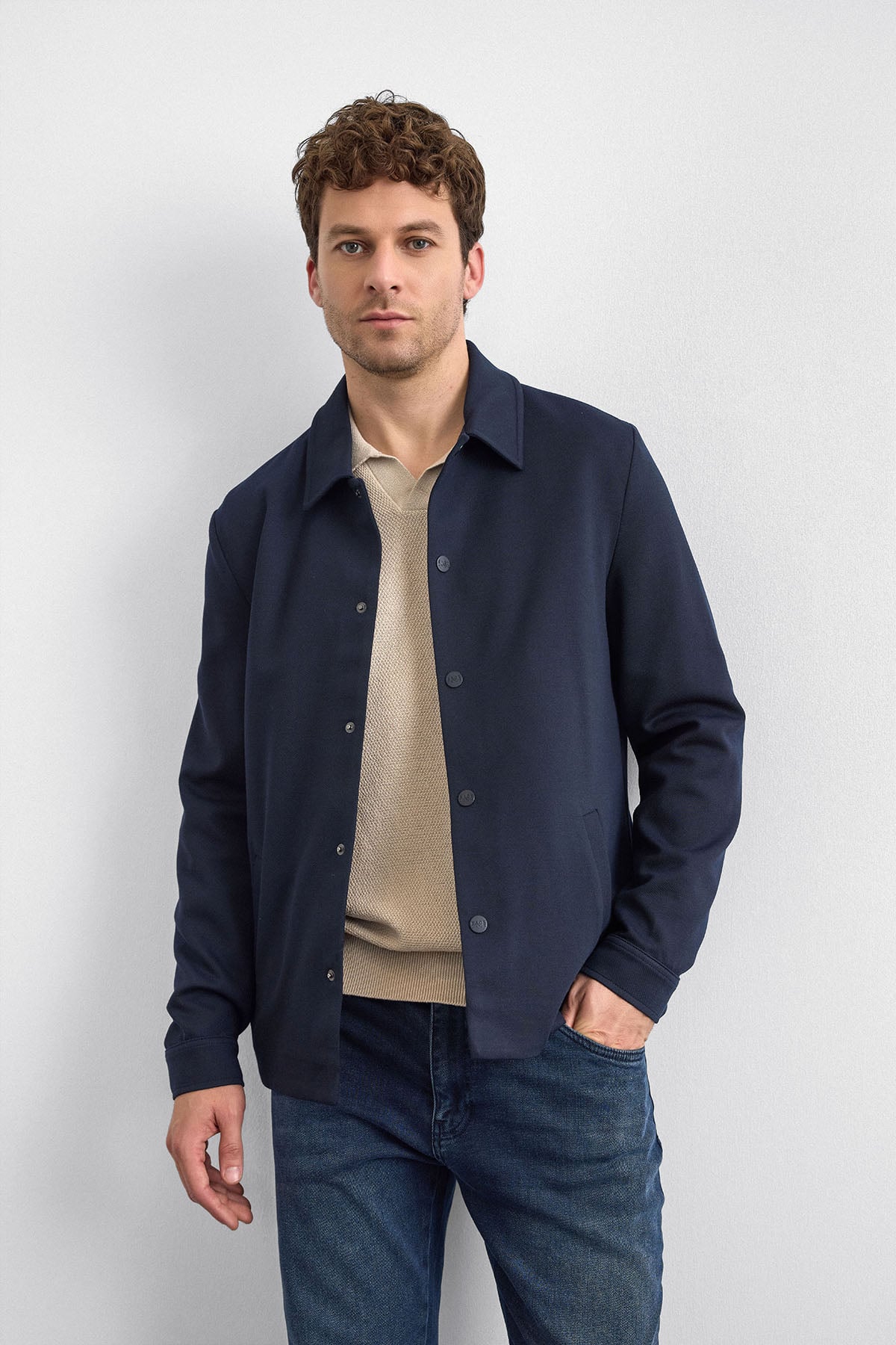 Lacivert Regular Fit Dıagonel Jakarlı Örme Mont Ceket