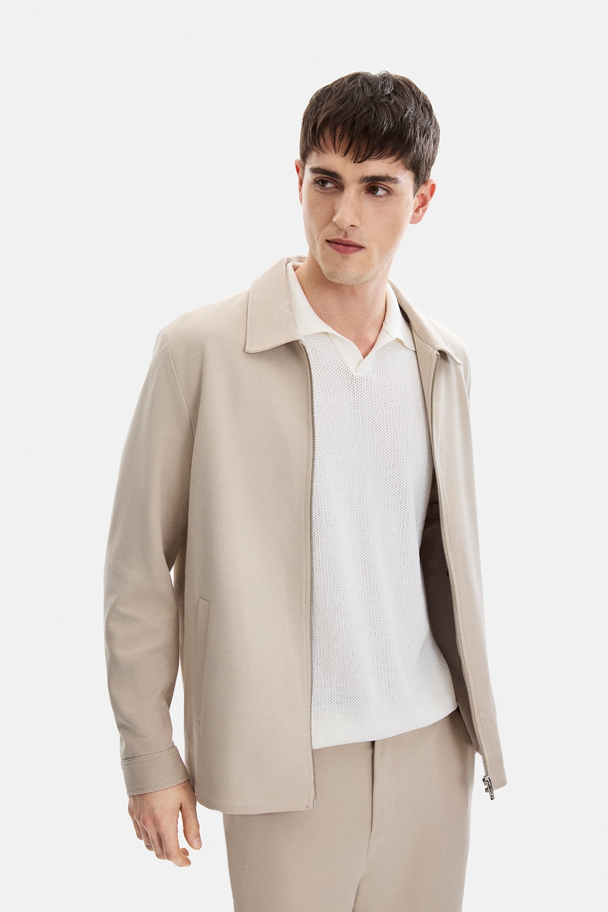 Bej Regular Fit Jakarlı Diagonel Mont