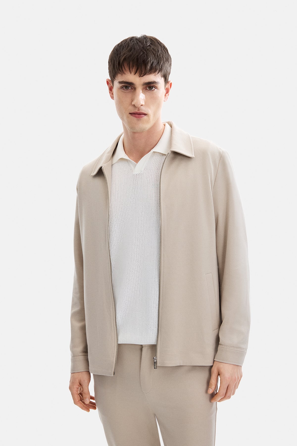 Bej Regular Fit Jakarlı Diagonel Mont