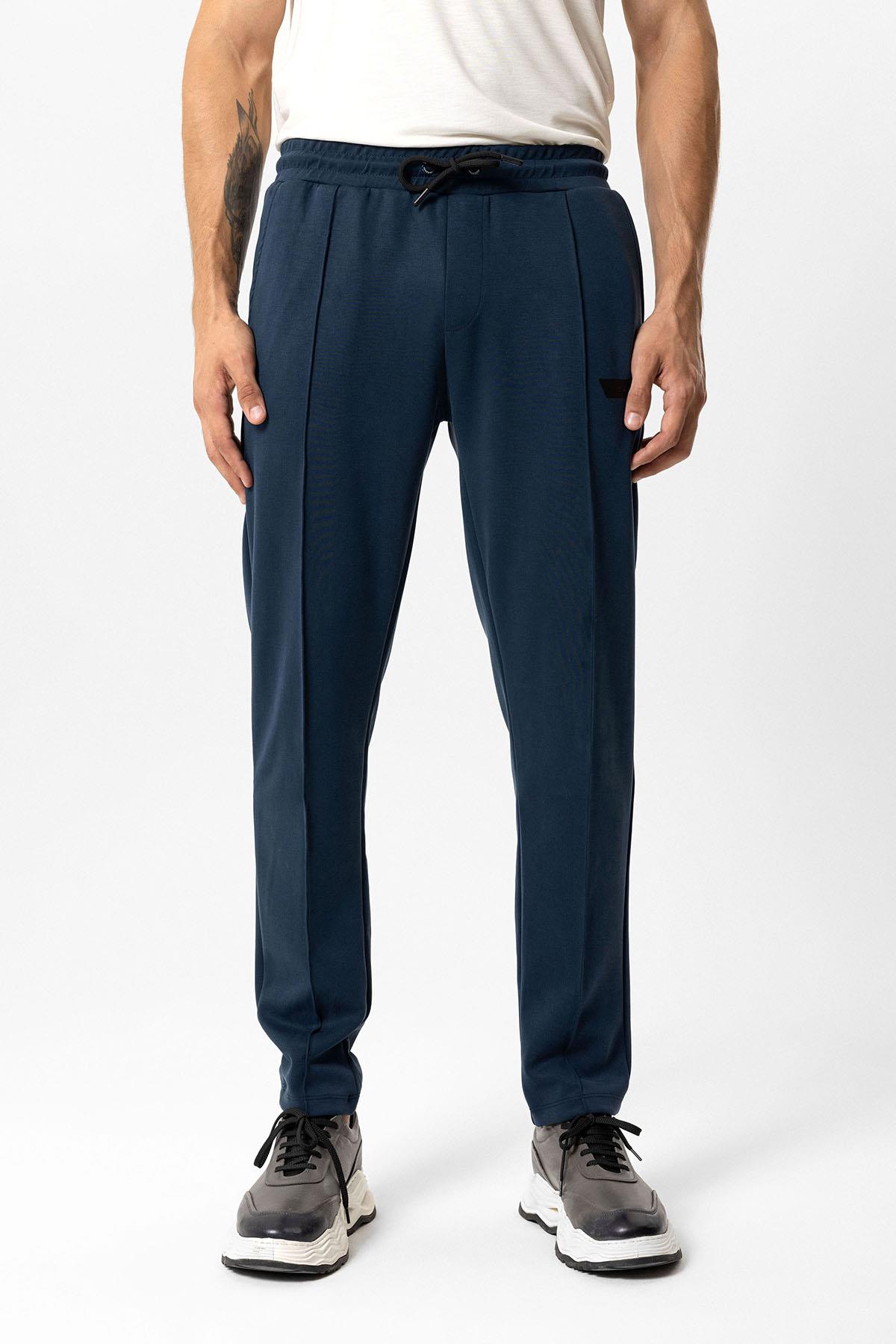 Lacivert Regular Fit Beli Bağcıklı Örme Jogger Pantolon