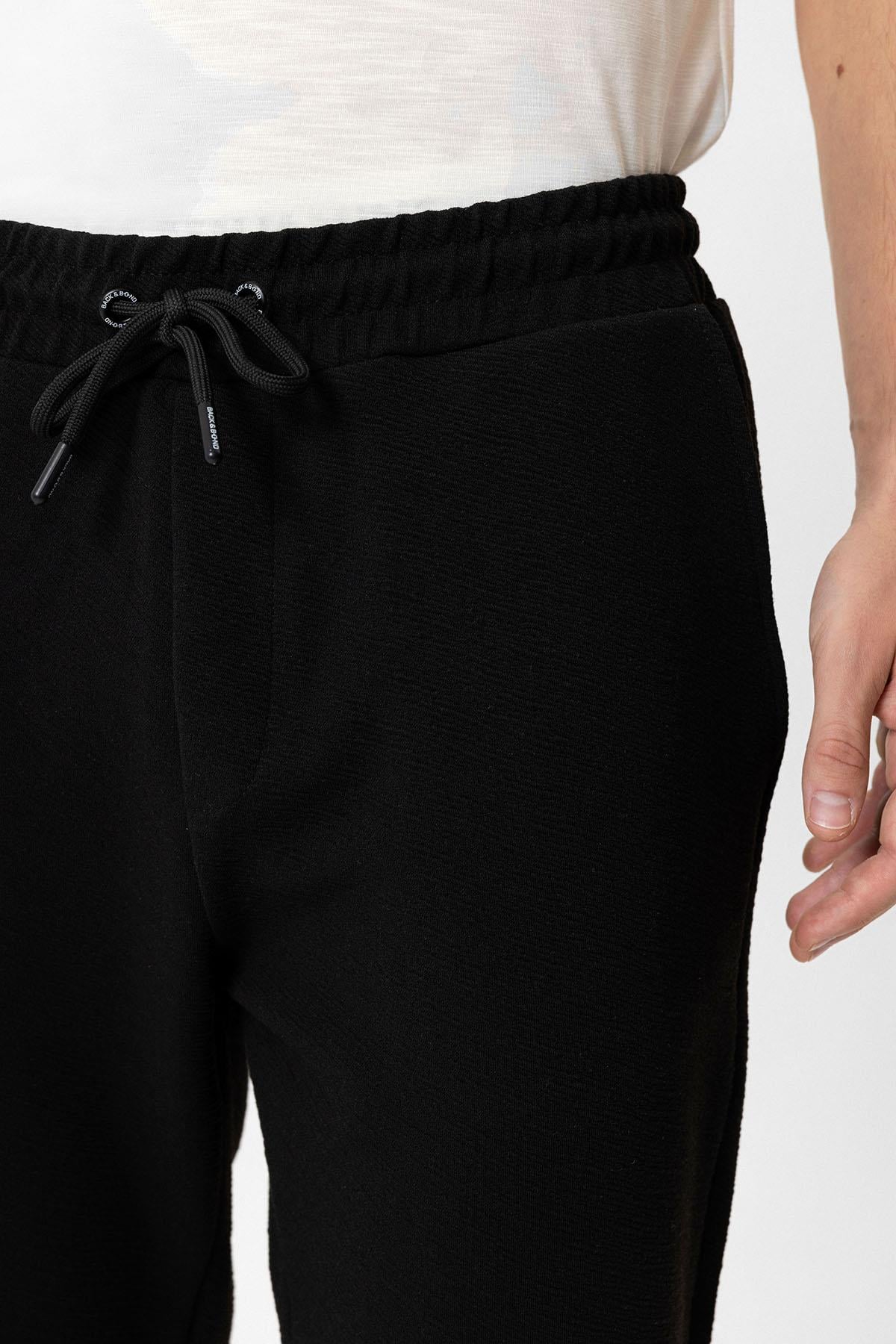 Siyah Regular Fit Beli Bağcıklı Jogger Pantolon