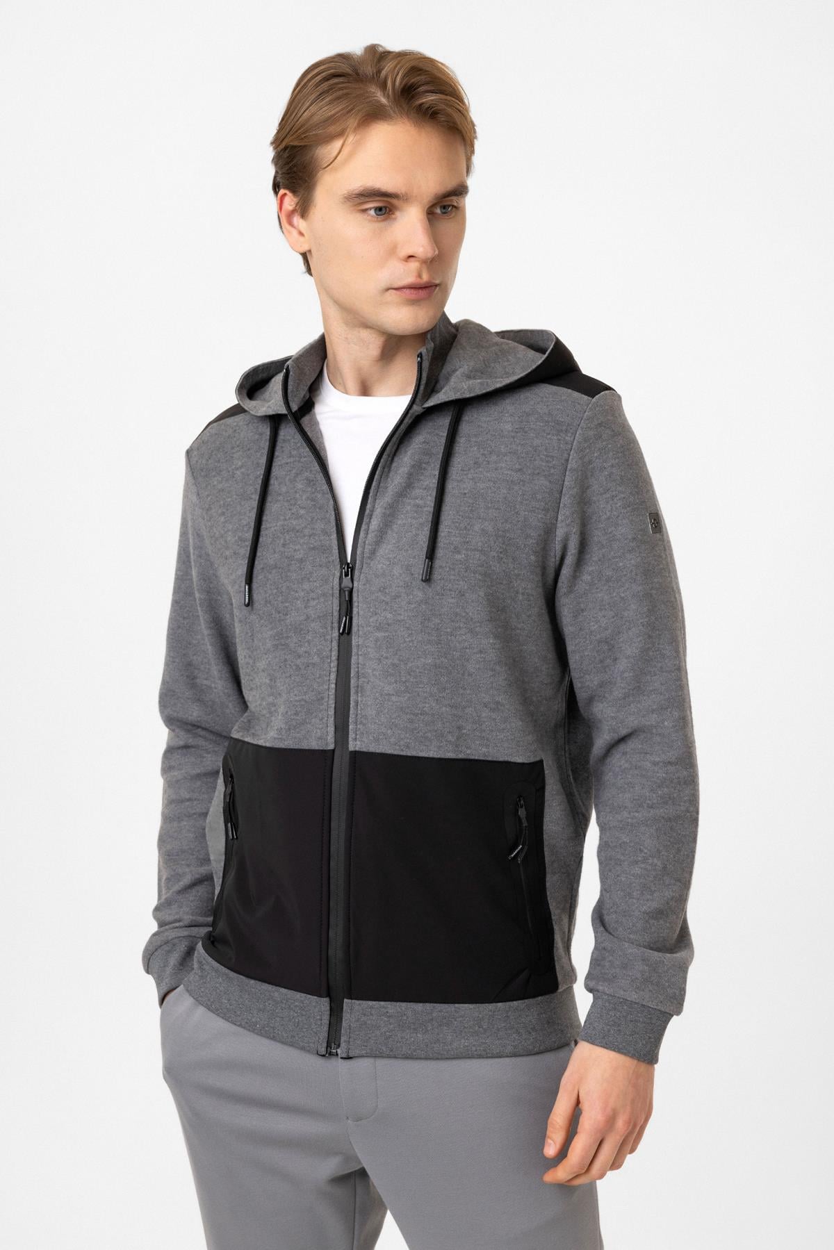 Antrasit Regular Fit Kapüşonlu Fermuarlı Sweatshirt