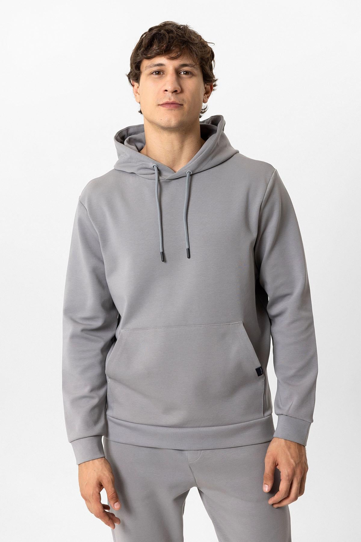 Gri Regular Fit Pamuklu Kapüşonlu Kanguru Sweatshirt
