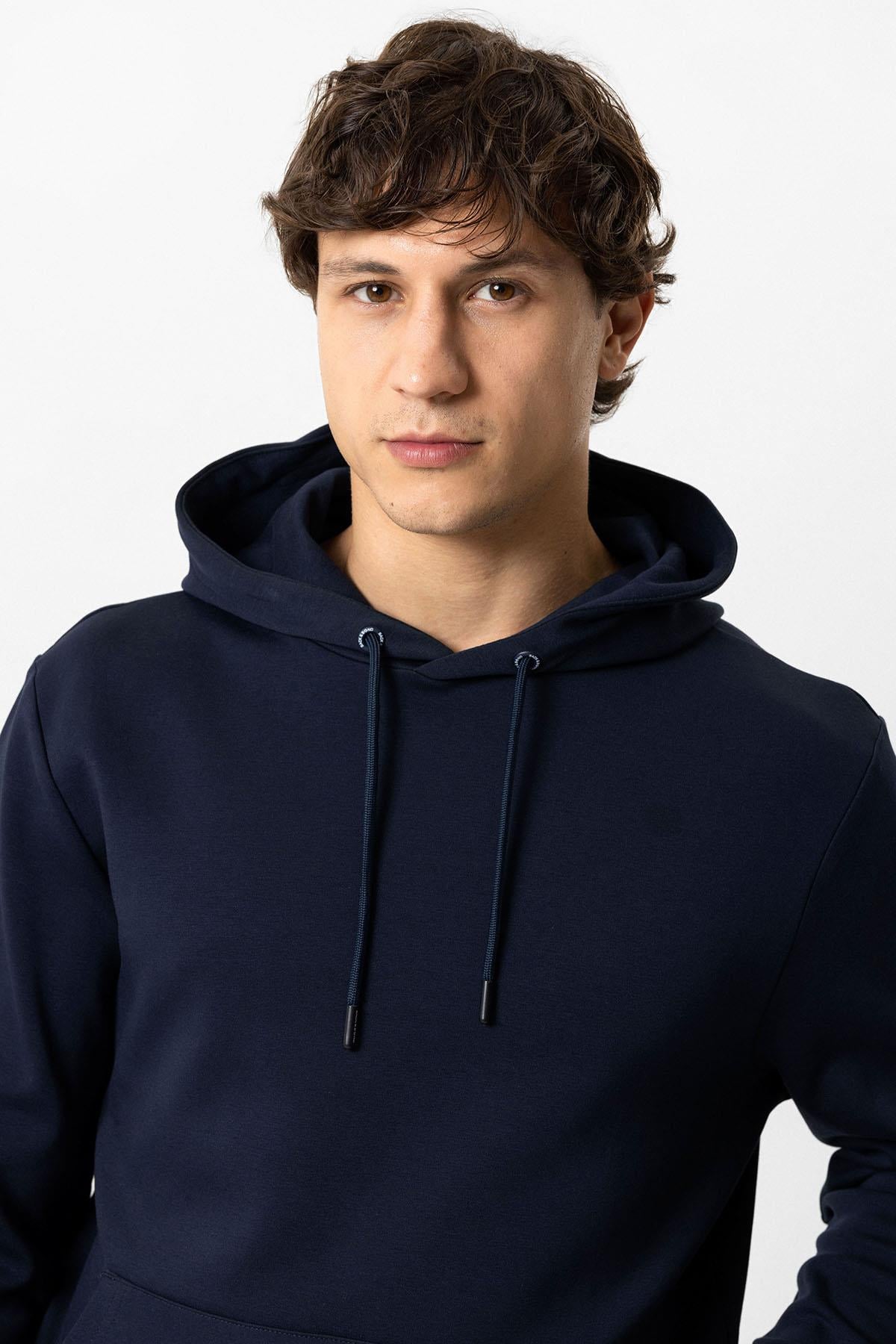 Lacivert Regular Fit Pamuklu Kapüşonlu Kanguru Sweatshirt